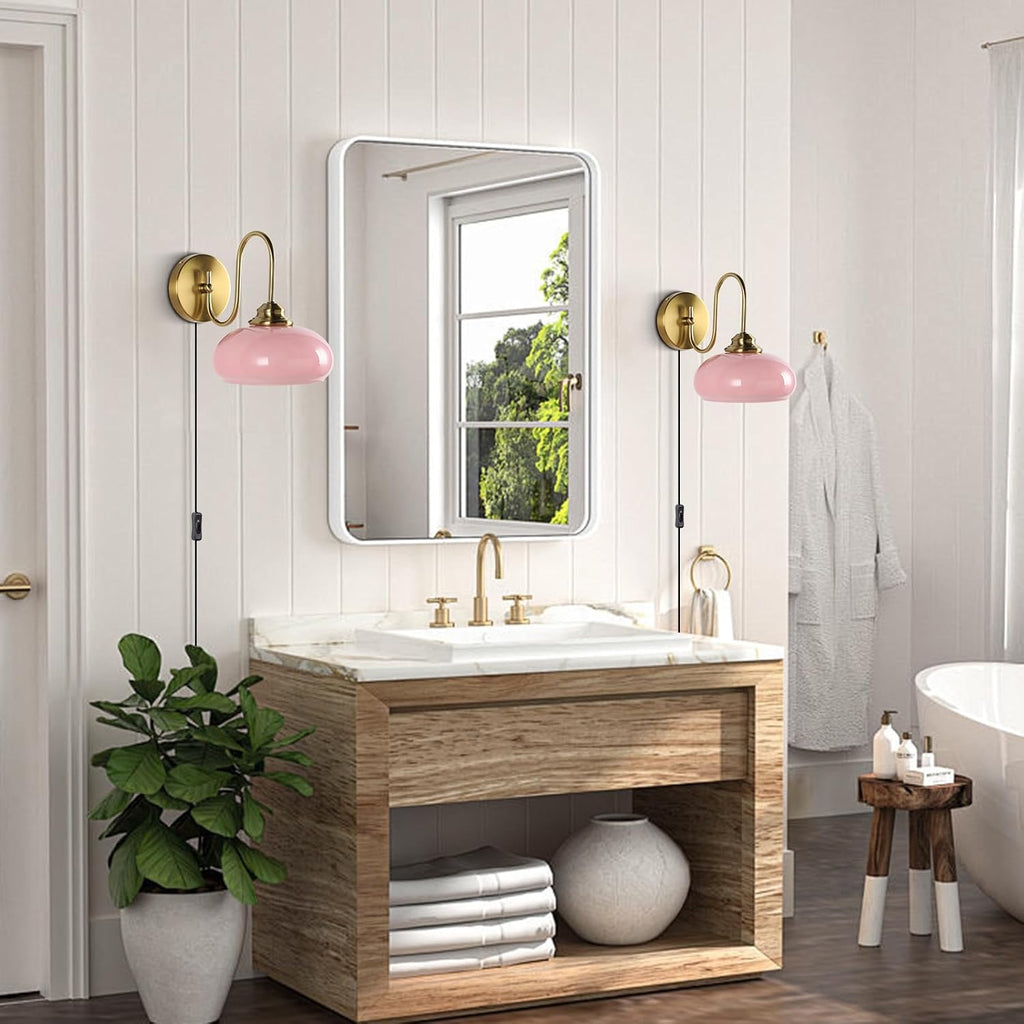 KCO Lighting Modern Pink Glass Wall Light Set of 2 Plug in Antique Brass Wall Sconce Pink and Gold Wall Sconces Bathroom Vanity Light Fixtures Plug in