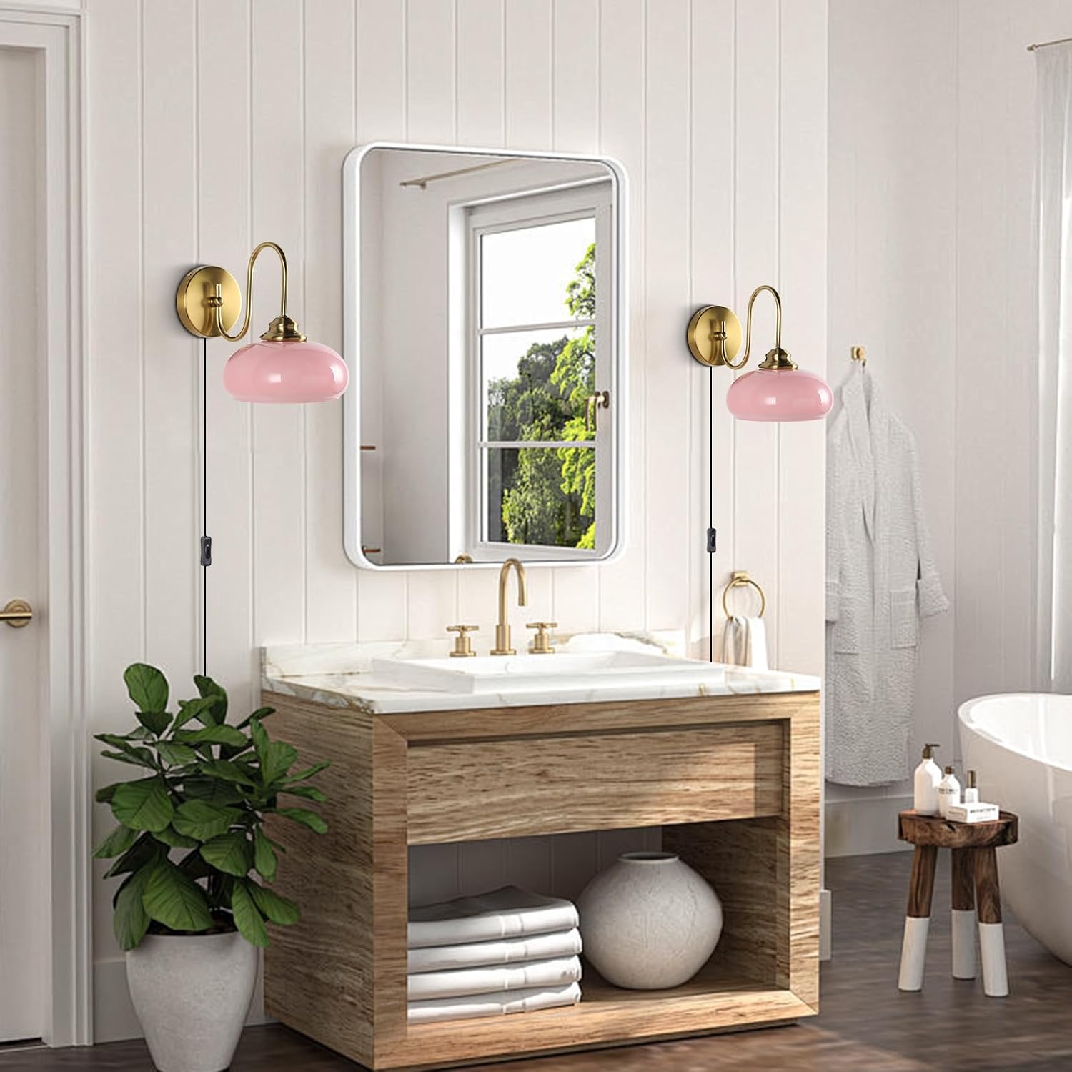 KCO Lighting Modern Pink Glass Wall Light Set of 2 Plug in Antique Brass Wall Sconce Pink and Gold Wall Sconces Bathroom Vanity Light Fixtures Plug in