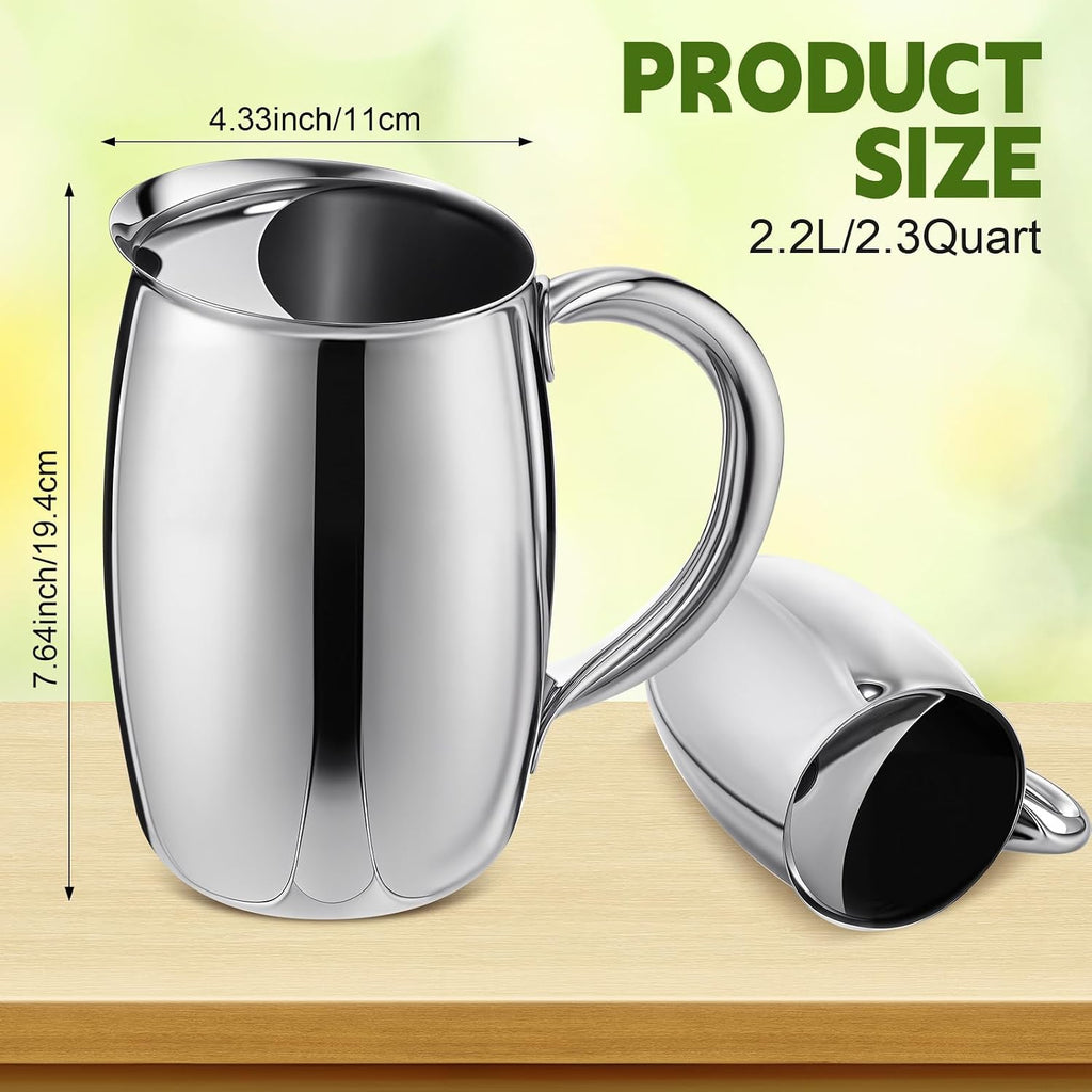Funnymoom 6 Pcs 2 L Stainless Steel Water Pitchers with Ice Guard Smooth Silver Metal Bell Pitchers Jug Cold Beverages Carafe Serving Tool for Restaurants Home Dishwasher Safe