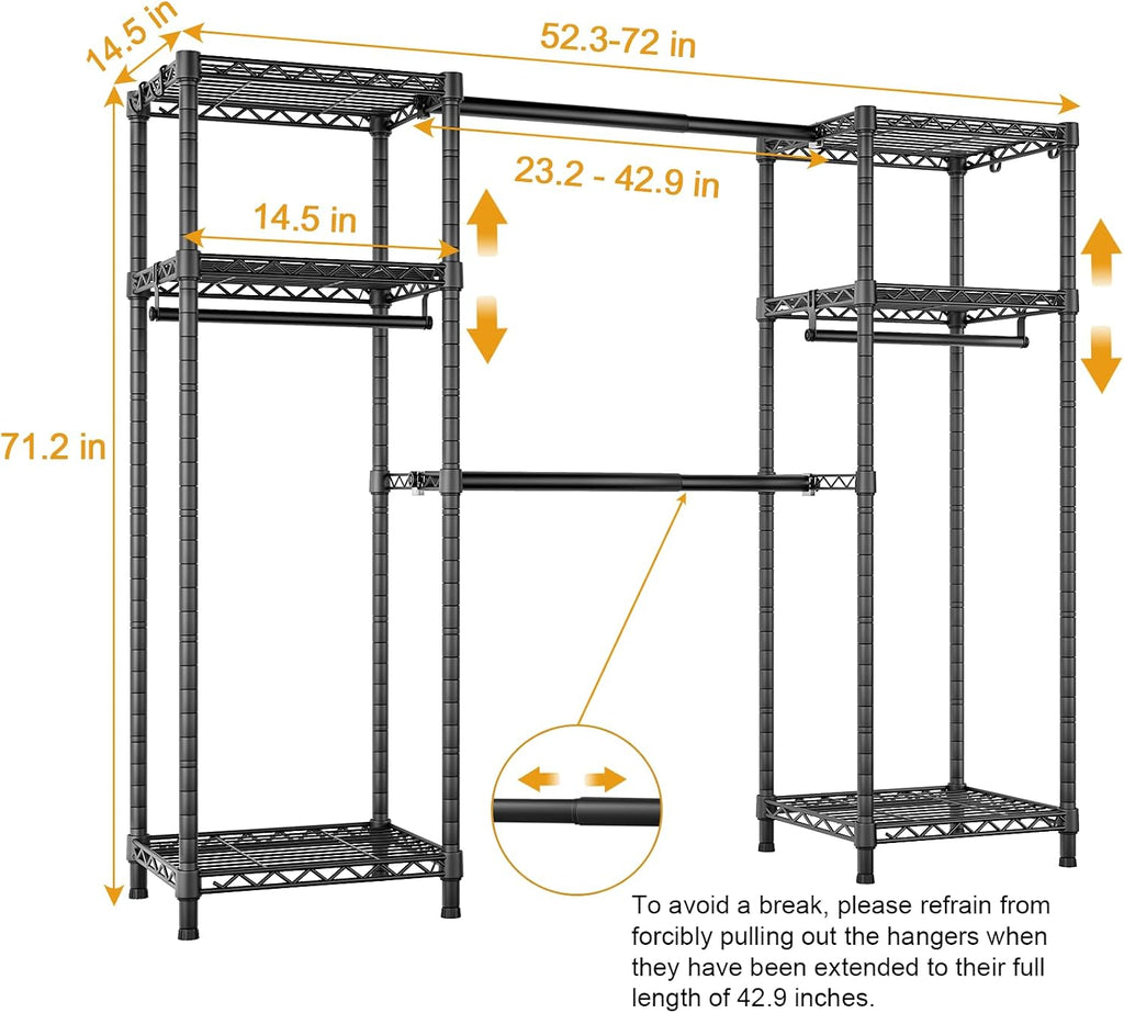 Ulif E7 Garment Rack, Heavy Duty Clothes Storage System with Extendable Hangers Rods, Metal Clothe Rack with 6 Wire Shelves, (52.3'-72') W x 14.5' D x 71.2' H, Load 838 LBS