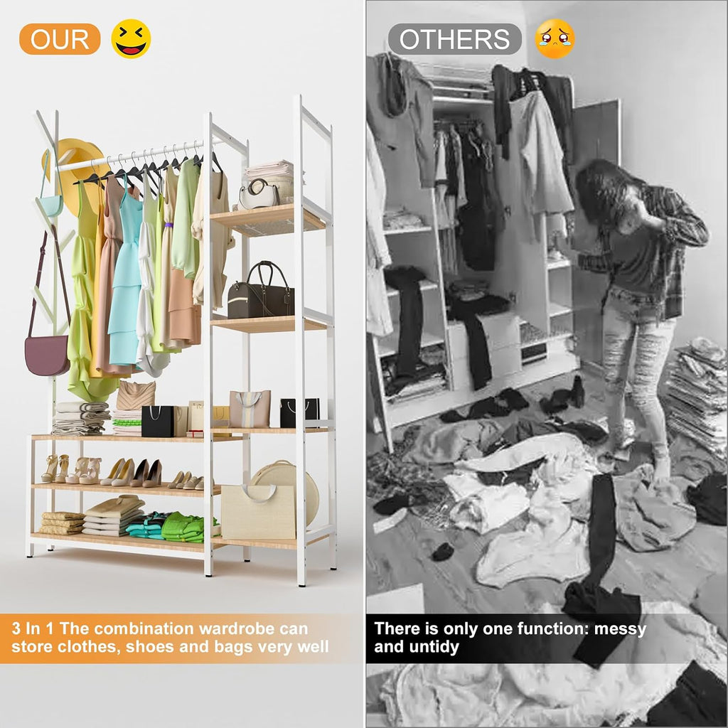4 in 1 Freestanding Closet Organizer with Coat Rack & Shoes Rack & 5 Side Shelves, Heavy Duty Wood Clothing Rack for Hanging Clothes, Multi-functional Wardrobe Closet for Bedroom, Living Room (White)