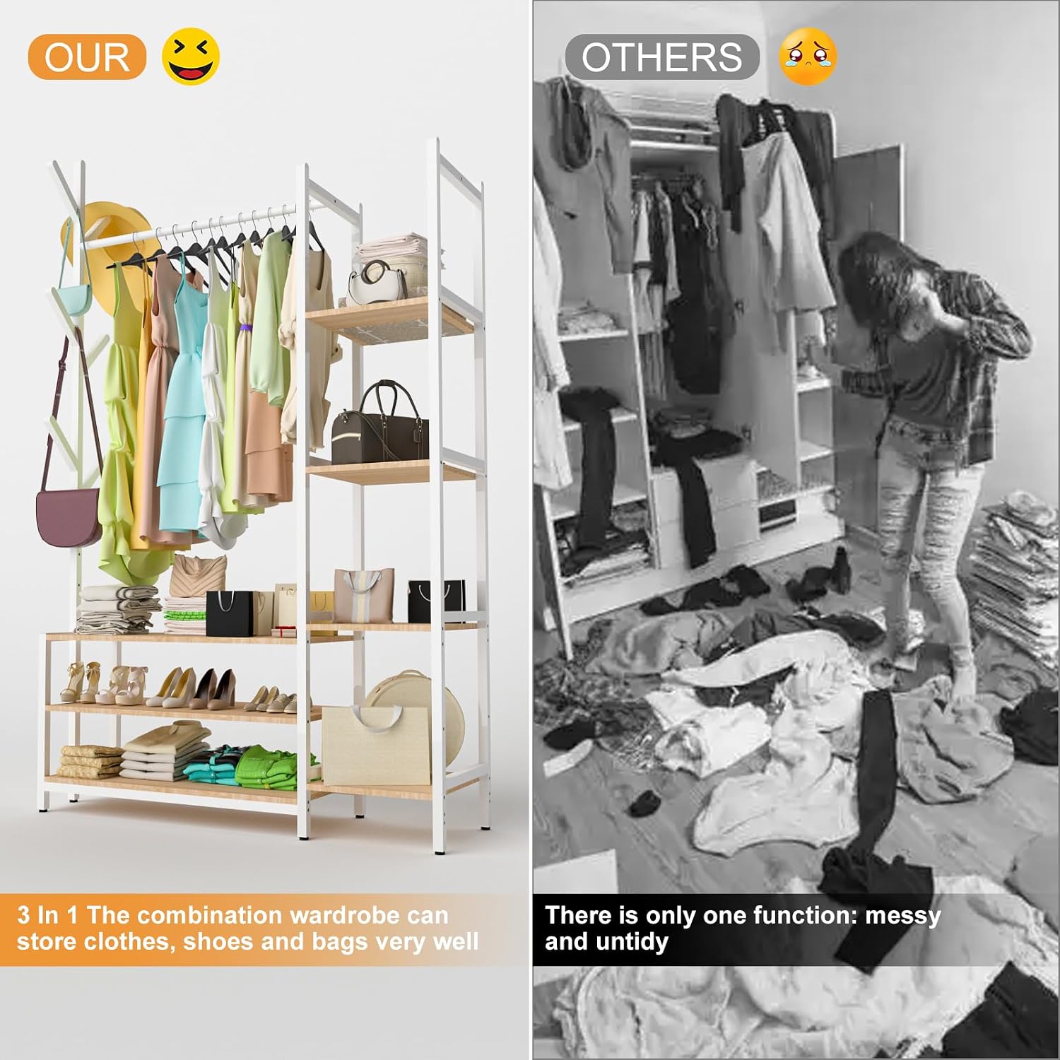 4 in 1 Freestanding Closet Organizer with Coat Rack & Shoes Rack & 5 Side Shelves, Heavy Duty Wood Clothing Rack for Hanging Clothes, Multi-functional Wardrobe Closet for Bedroom, Living Room (White)