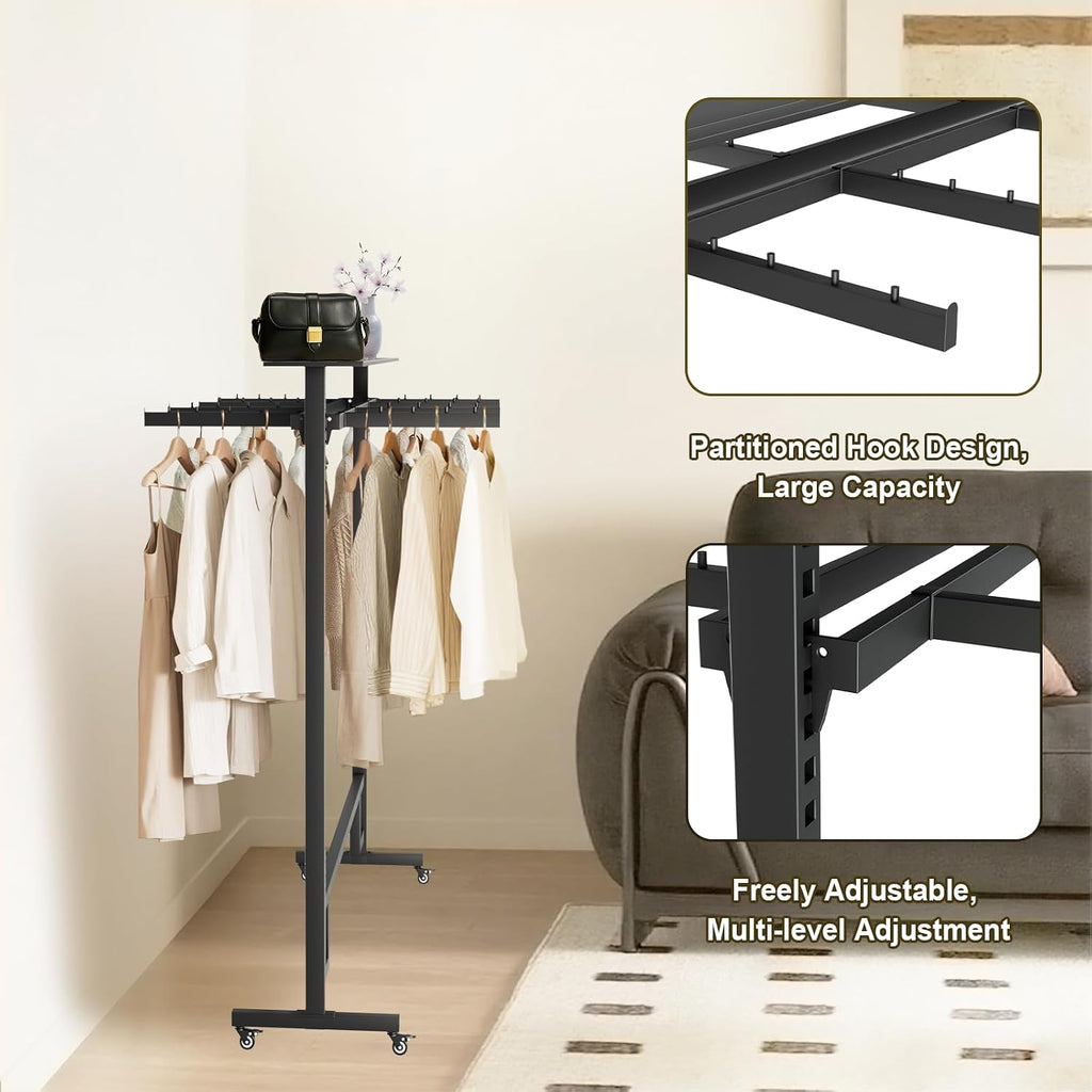 Retail Clothing Rack with Adjustable 8 Arms, Portable Boutique Display Hanging Stand on Wheels and Top Shelf, Floor Standing Metal Garment Shirts Racks, Black