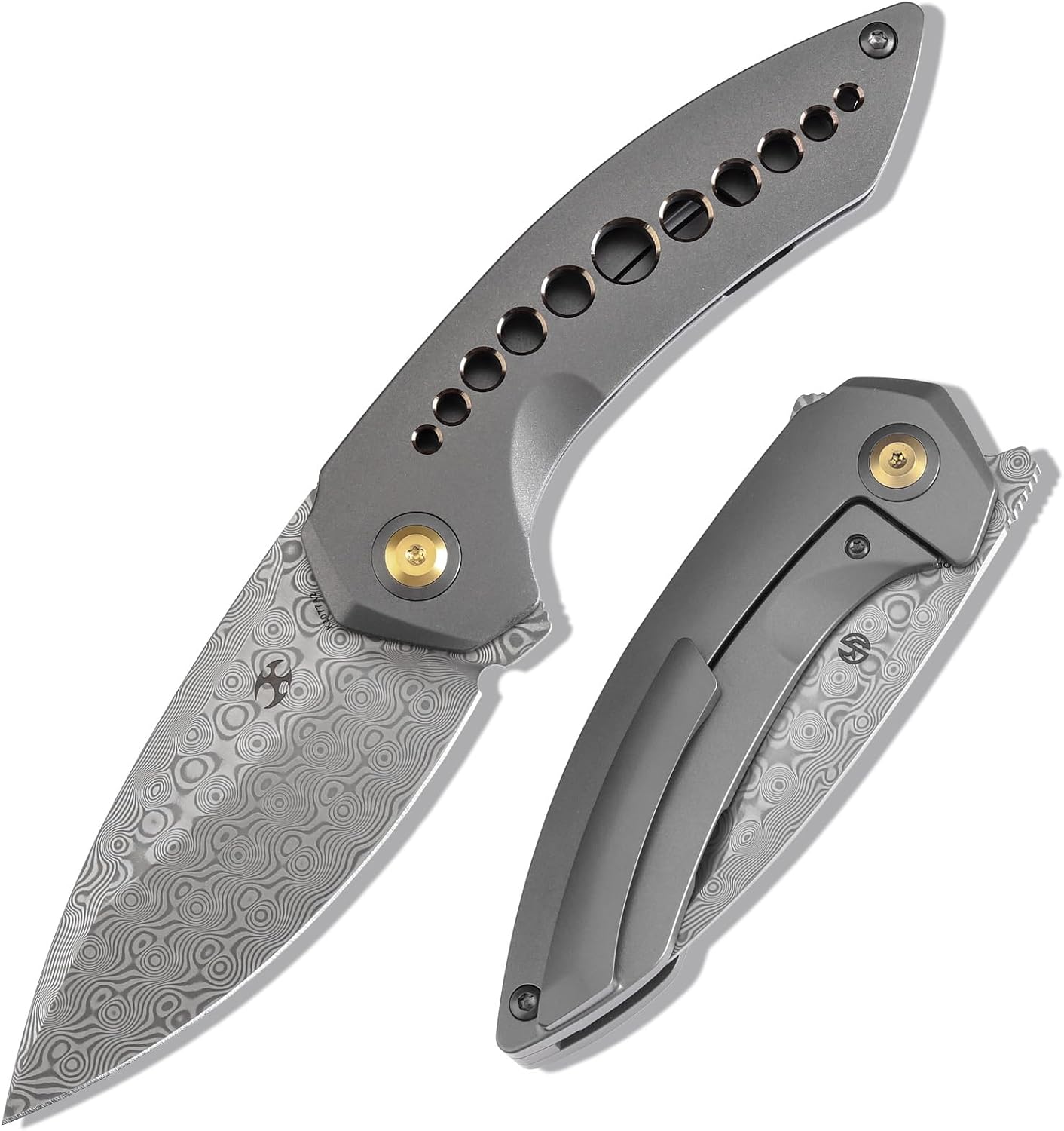 KANSEPT ODD 21 Pocket Folding Knives for Camping Hiking Folding Knife 3.06'' Damascus Blade EDC Knife with Grey Anodized Titanium with Bronze Holes Handle for Men and Women Everyday Carry K1077A2