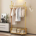 Gold Rolling Clothing Rack with Wheels and Basket Storage,31.5IN Metal Moveable Large Coat Rack Decorative Gold Clothing Rack for Hanging Clothes