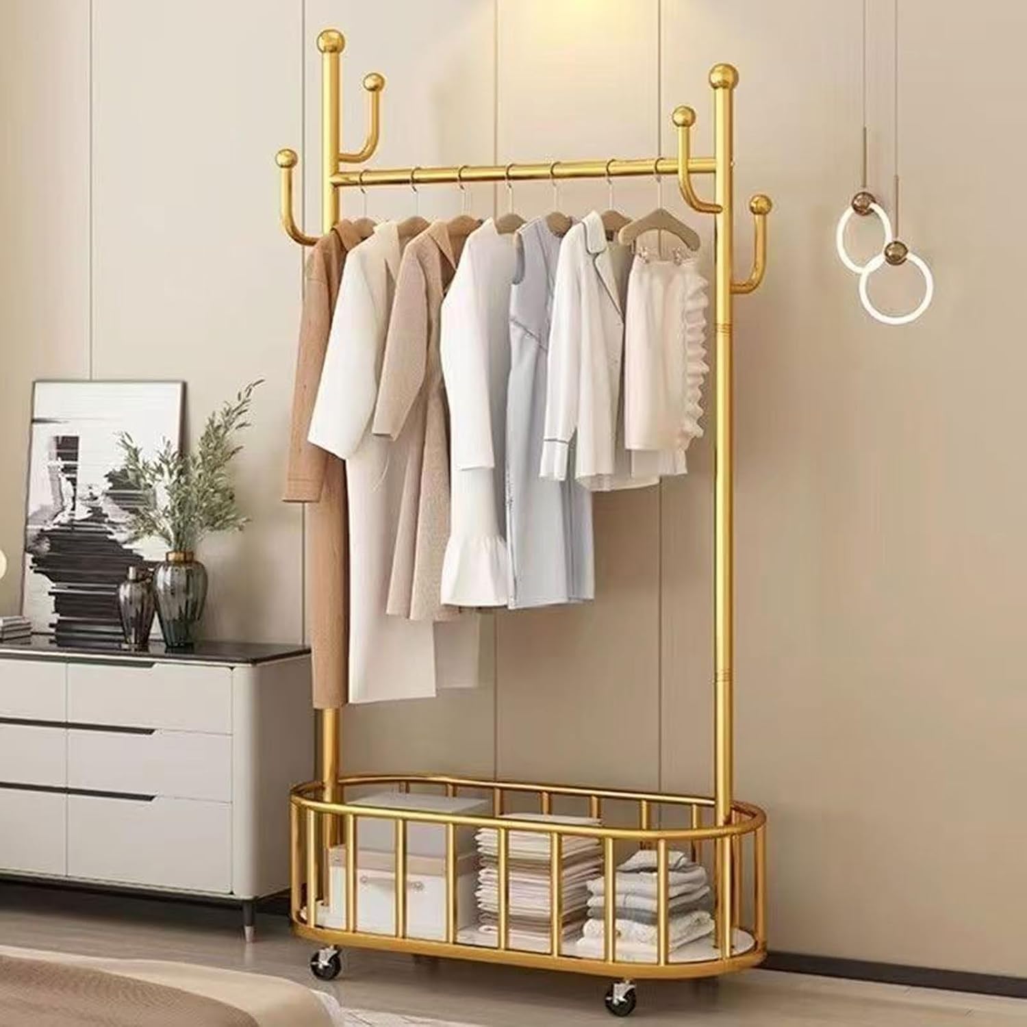Gold Rolling Clothing Rack with Wheels and Basket Storage,31.5IN Metal Moveable Large Coat Rack Decorative Gold Clothing Rack for Hanging Clothes