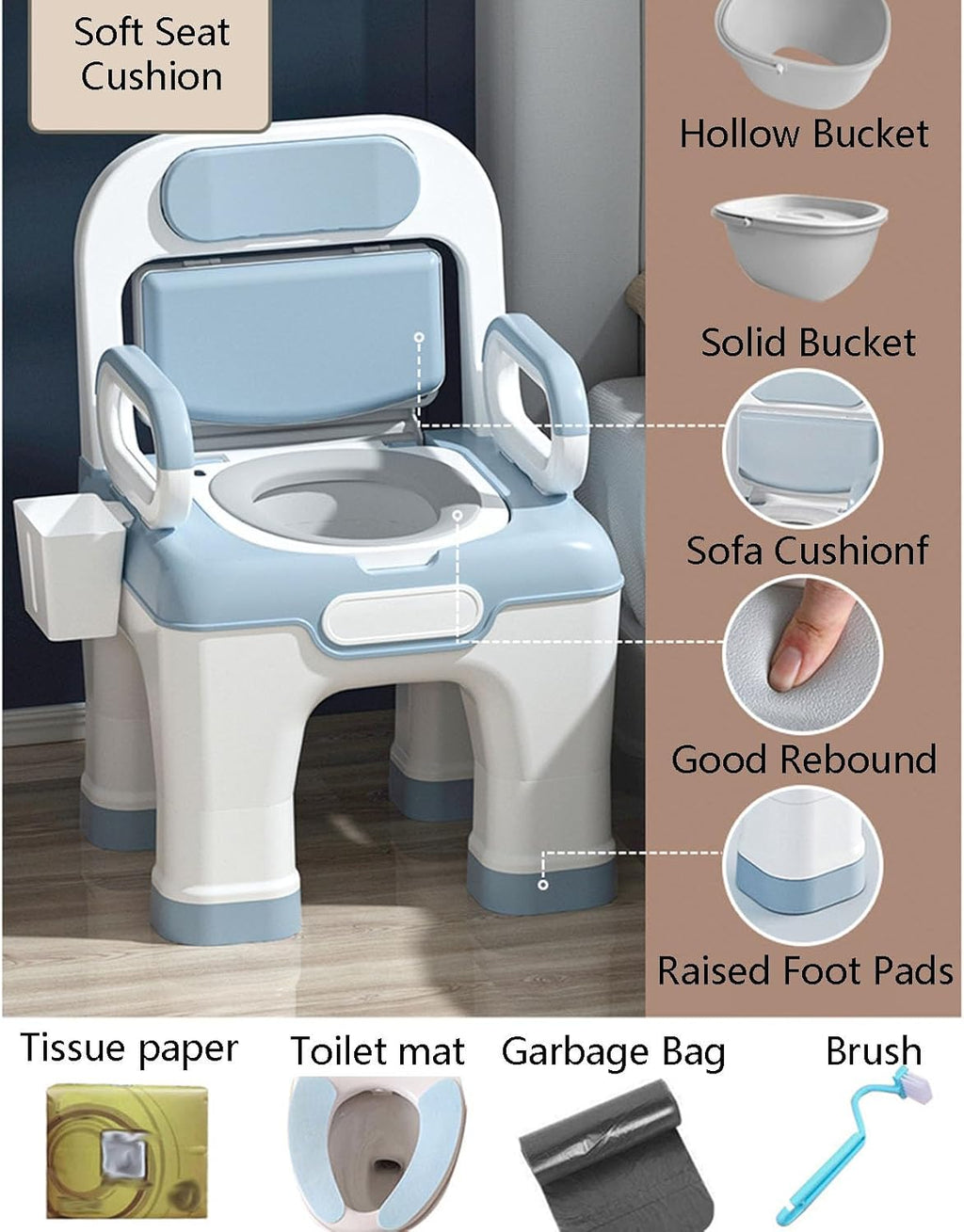 Raised Toilet Seat with Handles, Elevated Handicap Toilet Seat Riser for Seniors with Soft Padded, Height Adjustable, Stand Alone Toilet Safety Frame, Fit Any Toilet, Blue, PP Material