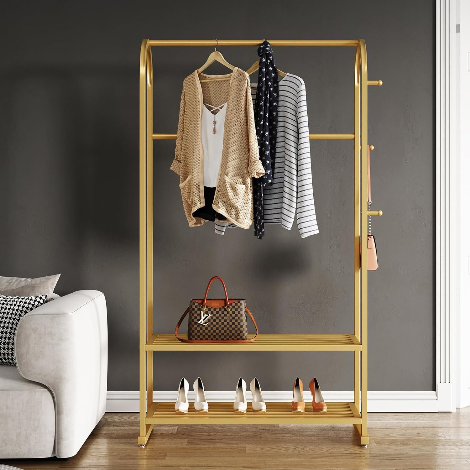 Gold Clothing Rack with 2 Shelves and Side Hooks,Freestanding Metal Garment Rack for Hanging Clothes,Heavy Duty Clothes Rack with Shoe Storage,Modern Clothing Rack for Bedroom,Entryway,Closet