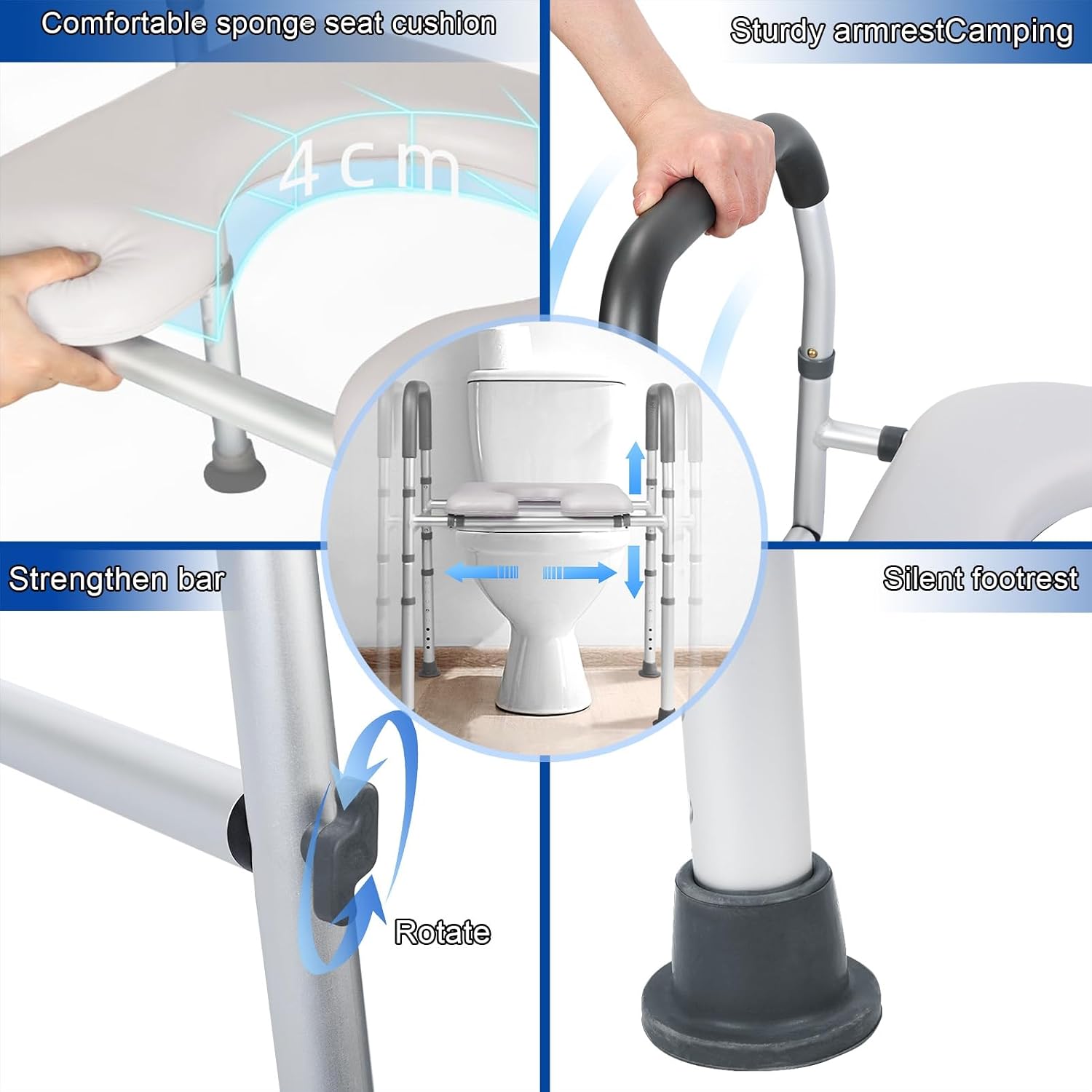 Adjustable Toilet Seat Riser for Seniors with Handles, Widened Commode Seat, rts Up to 300lbs, Ideal for Elderly Height & Width Adjustable (White)