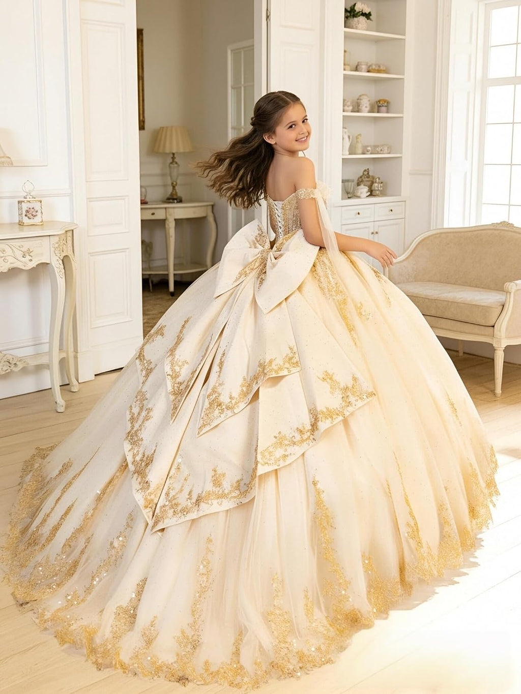 Sequin Applique Flower Girl Dress Gold Lace Pageant Dresses for Girls with Bow Off Shoulder First Communion Dress