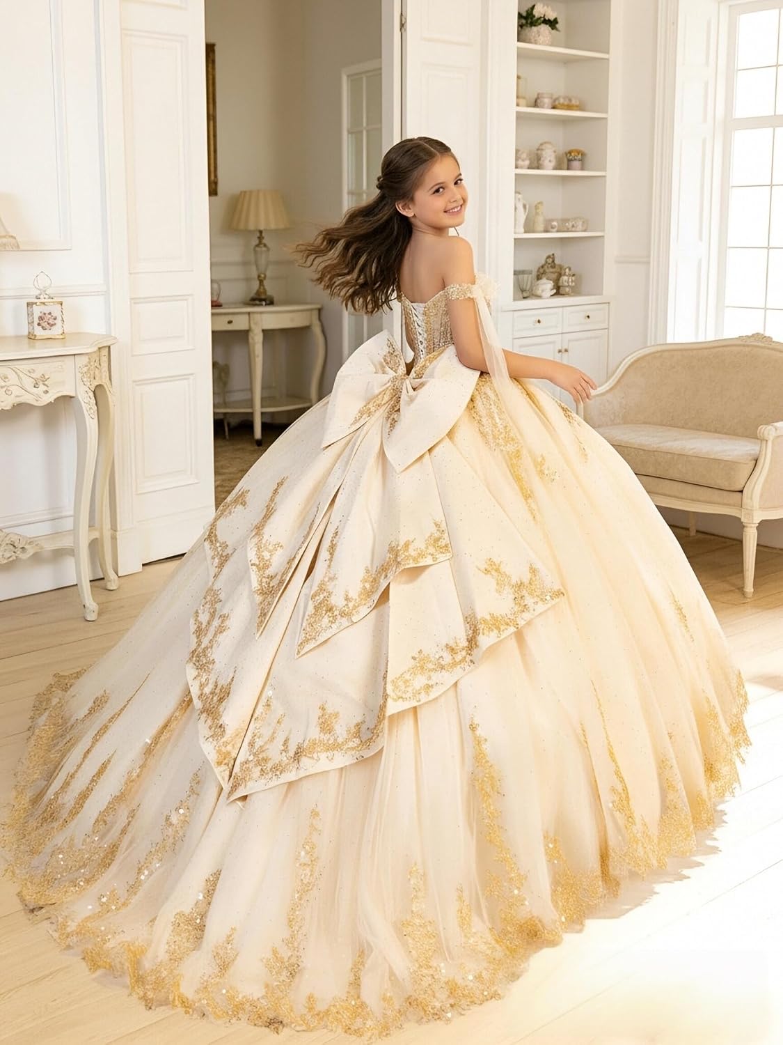 Sequin Applique Flower Girl Dress Gold Lace Pageant Dresses for Girls with Bow Off Shoulder First Communion Dress