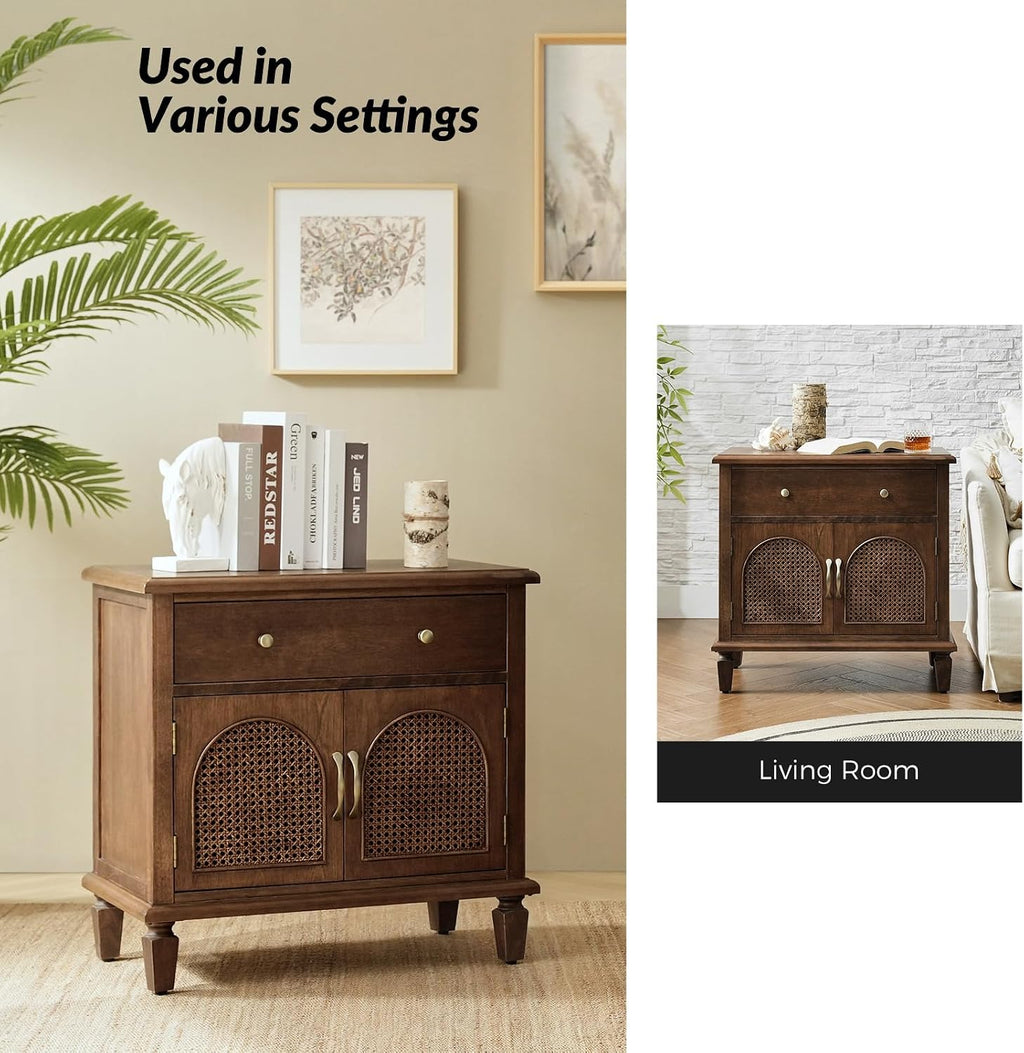 HULALA HOME End Table with Doors and Drawer, Traditional Side Table with Solid Wood Legs, Adjustable Shelf, Charging Station, Walnut