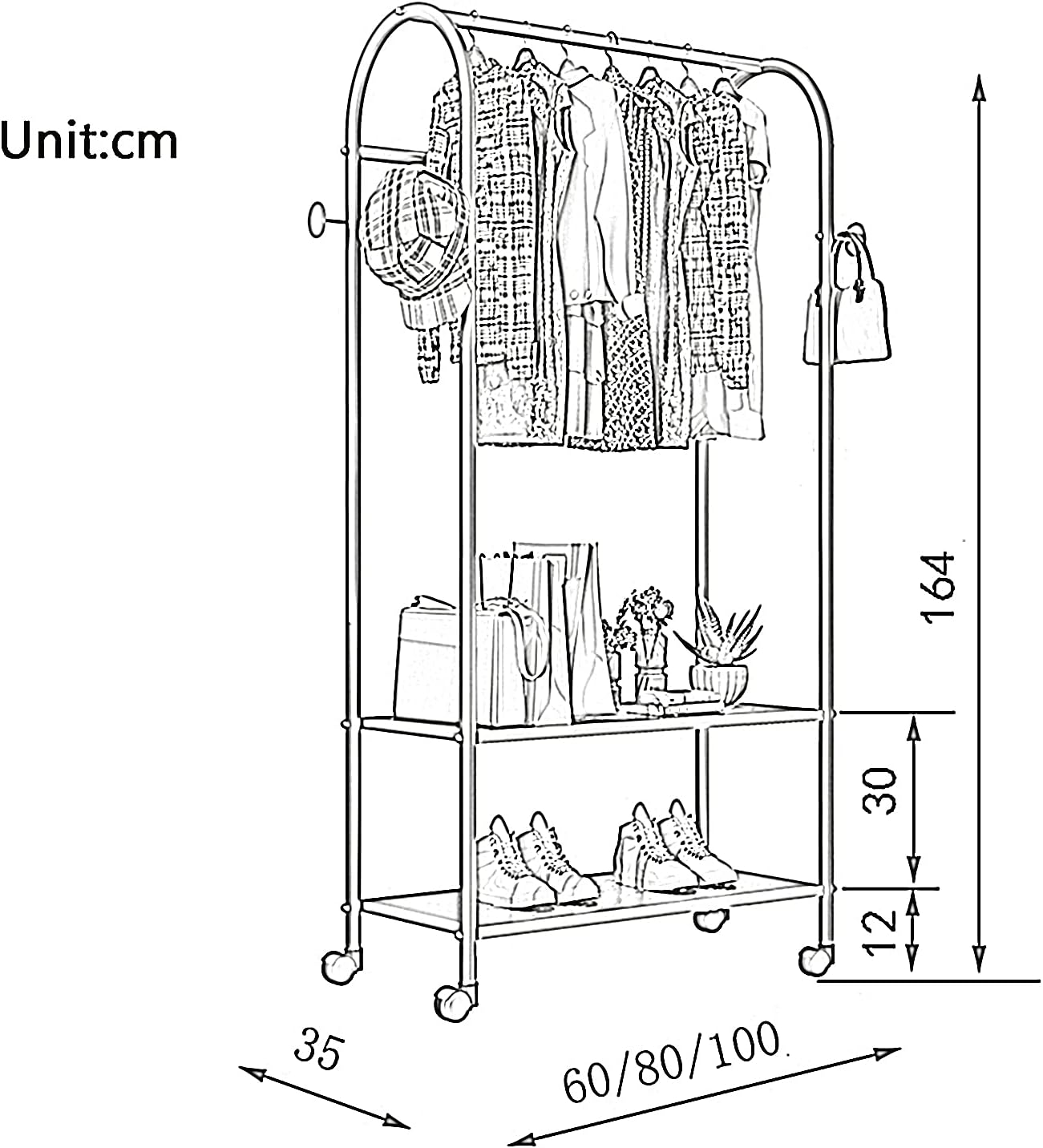 Garment Rack Heavy Duty Metal Rolling Garment Rack With Wheel, Retail Display Clothing Rack With 2 Tier Shelves And Hooks, Floor-Standing Wrought Iron Single Rod Coat Rac(Size:80x35x164CM,Color:Gold)