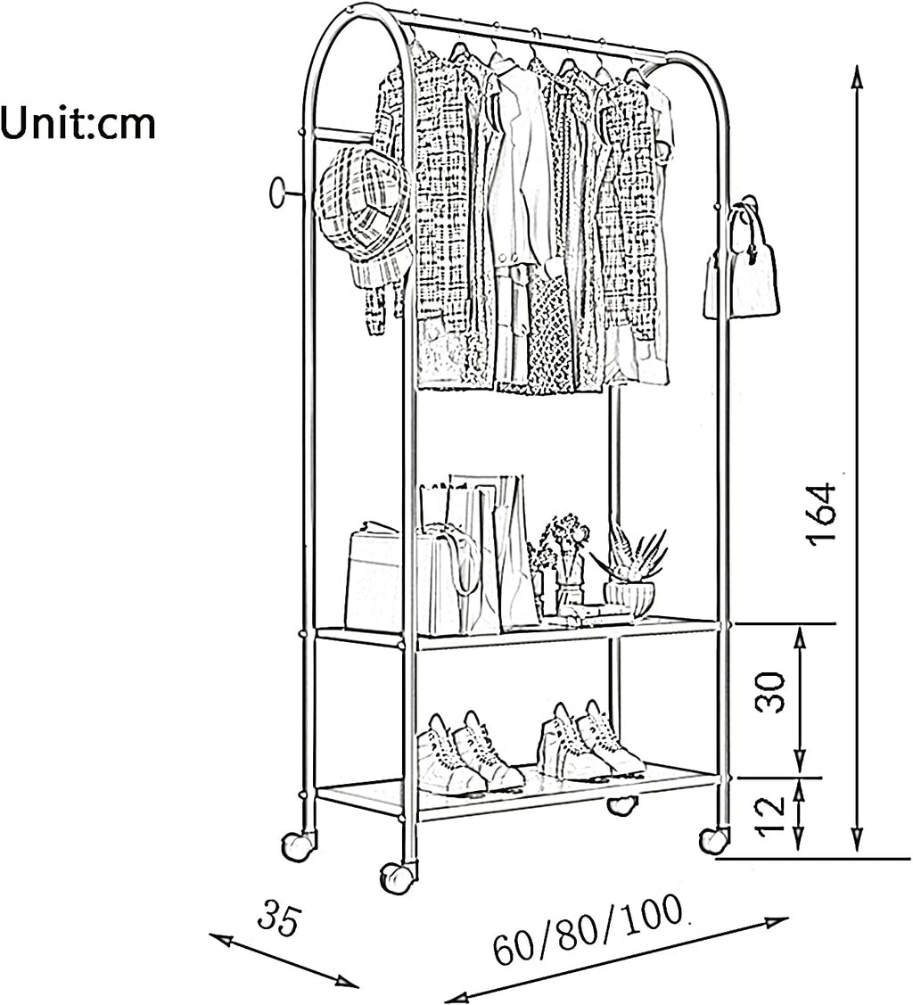 Garment Rack Heavy Duty Metal Rolling Garment Rack With Wheel, Retail Display Clothing Rack With 2 Tier Shelves And Hooks, Floor-Standing Wrought Iron Single Rod Coat Rac(Size:60x35x164CM,Color:Gold)