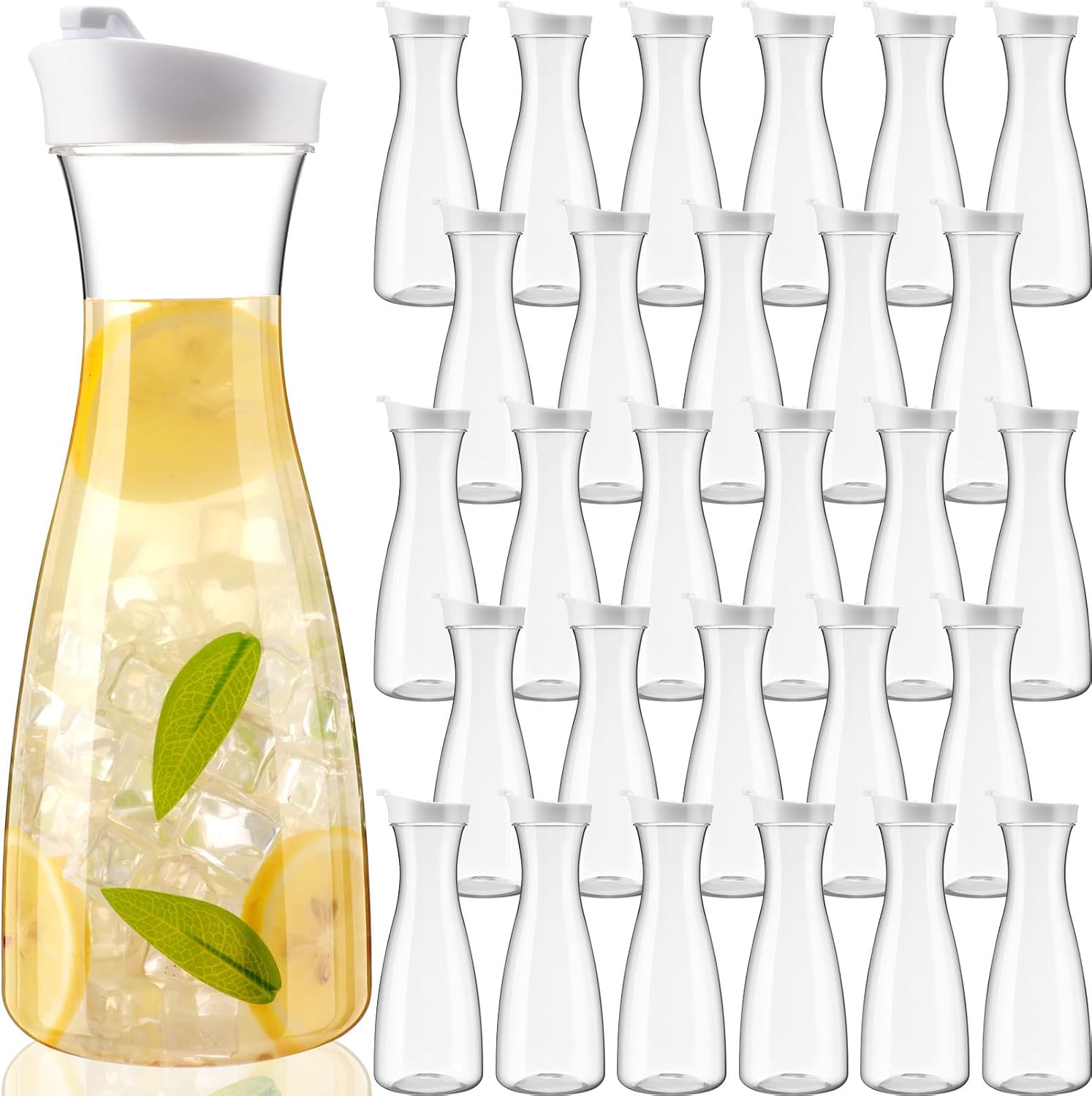 Reallnaive 30 Packs Plastic Carafe with Lids, 34 oz Clear Mimosa Juice Containers, Acrylic Beverage Carafe Pitcher Drink Containers for Fridge Outdoor Iced Tea Juice Party Mimosa Bar(Trendy)