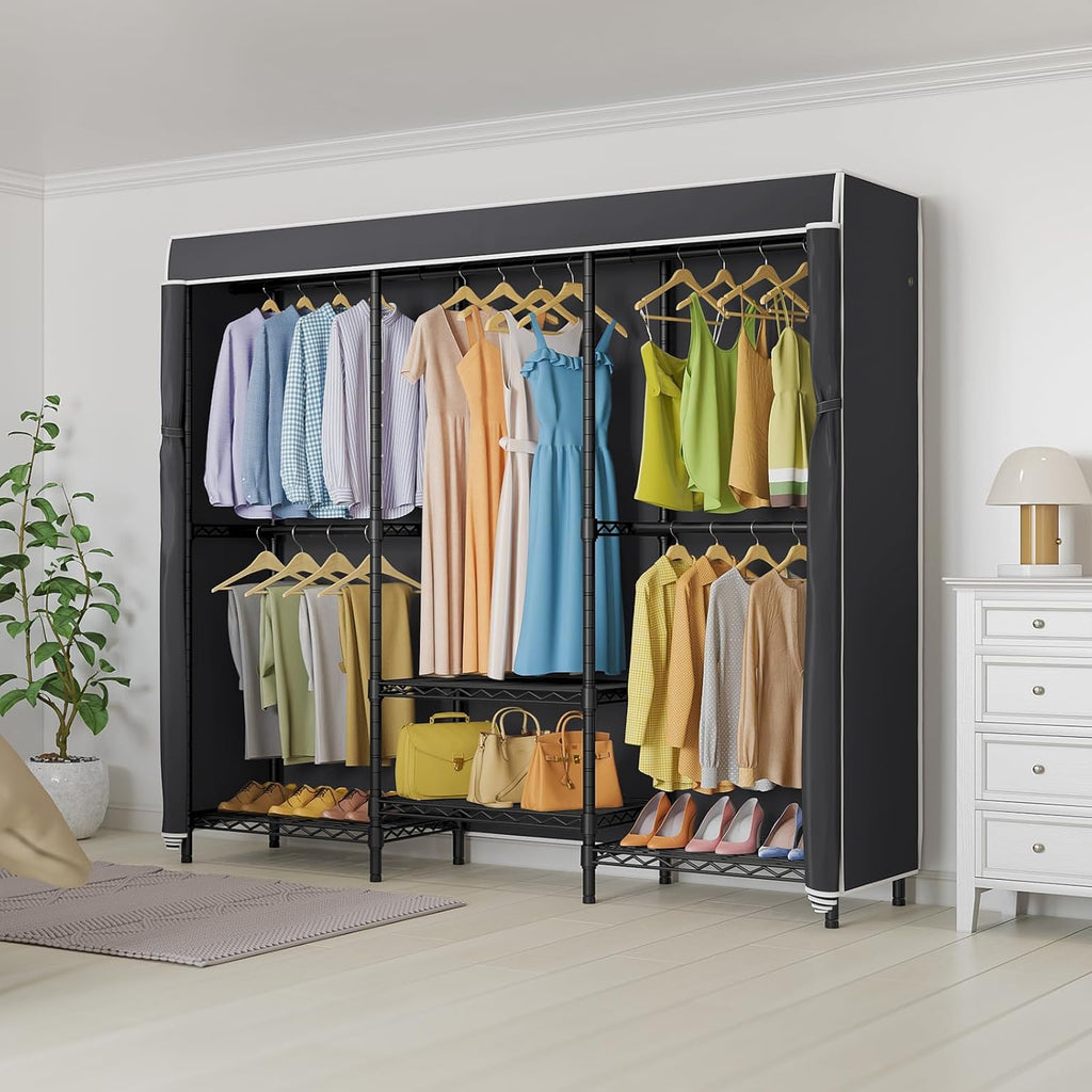 VIPEK V5C SE Garment Rack Wardrobe Closet, Heavy Duty Clothes Rack with Adjustable Shelves and Black Cover, Black Metal Closet Racks Clothing Storage Organizer for Bedroom, 70.1' Lx17.3 Wx76.4 H
