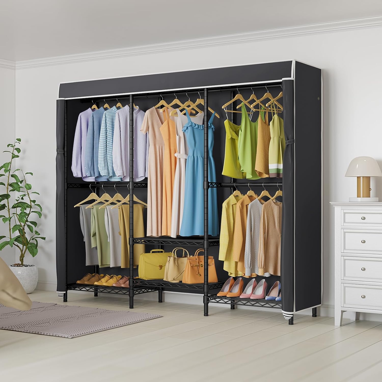 VIPEK V5C SE Garment Rack Wardrobe Closet, Heavy Duty Clothes Rack with Adjustable Shelves and Black Cover, Black Metal Closet Racks Clothing Storage Organizer for Bedroom, 70.1' Lx17.3 Wx76.4 H