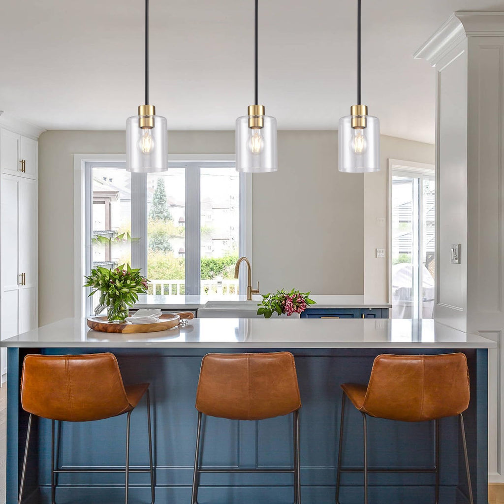 Modern 3 Pack Black Gold Pendant Lights for Kitchen Island, Brushed Brass Modern Hanging Light with Clear Glass Shade, Adjustable Metal Rod Pendant Lighting for Dining Room, Living Room, Bar, Entryway