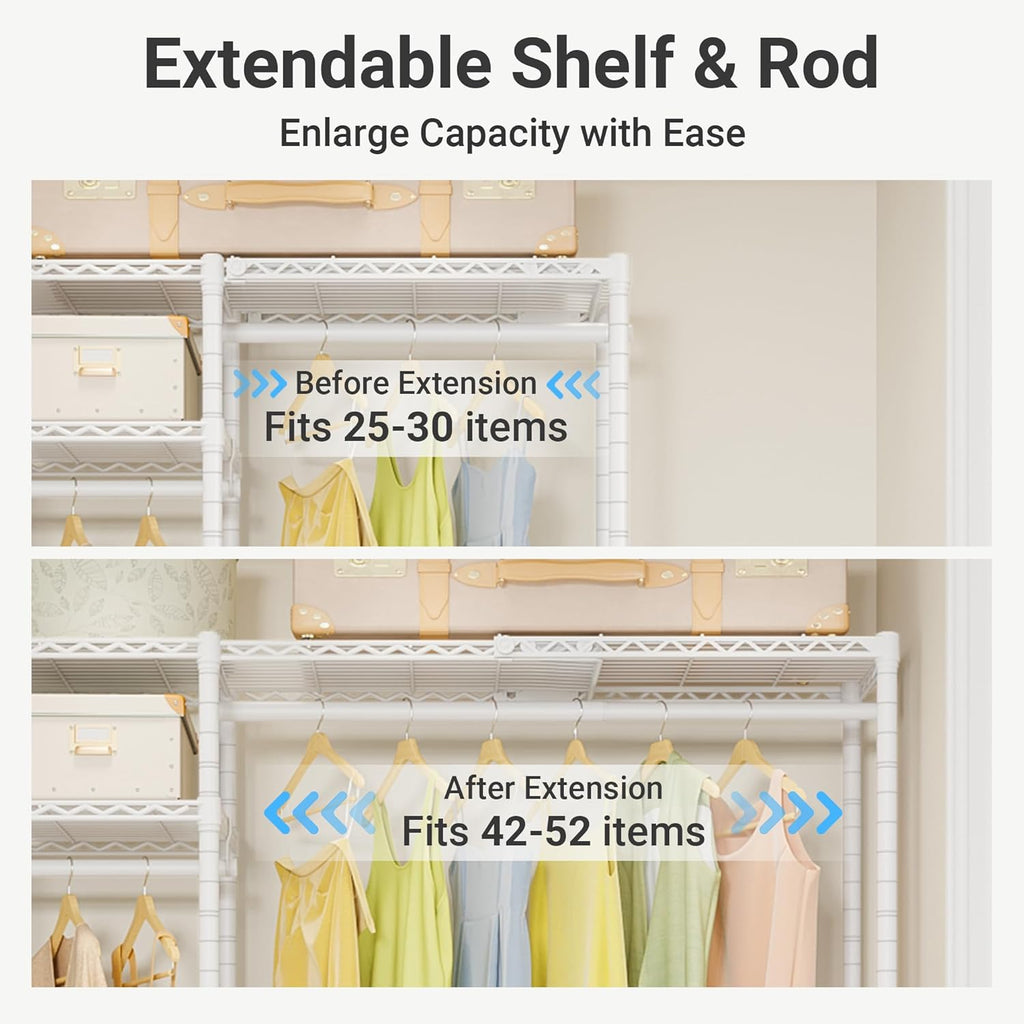 VIPEK X20 Expandable Metal Clothing Rack Adjustable from 3'3' to 4'8' Heavy Duty Garment Racks with Adjustable Shelves and Hanger Rods Portable Wardrobe Open Closet Rack System, White