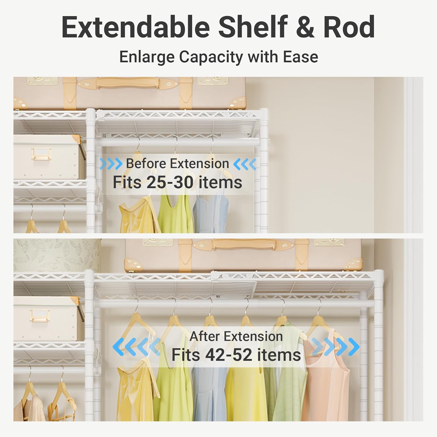 VIPEK X20 Expandable Metal Clothing Rack Adjustable from 3'3' to 4'8' Heavy Duty Garment Racks with Adjustable Shelves and Hanger Rods Portable Wardrobe Open Closet Rack System, White