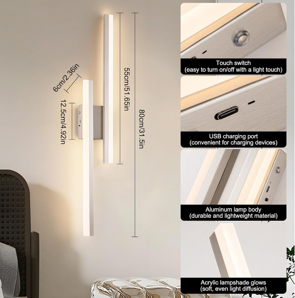 Battery Operated Wall Light Fixtures for Living Room, Dimmable USB Rechargeable Indoor Led Wall Sconce Lighting, Wireless Wall Lamps for Living Room Bedroom Bathroom Hallway Set of 2