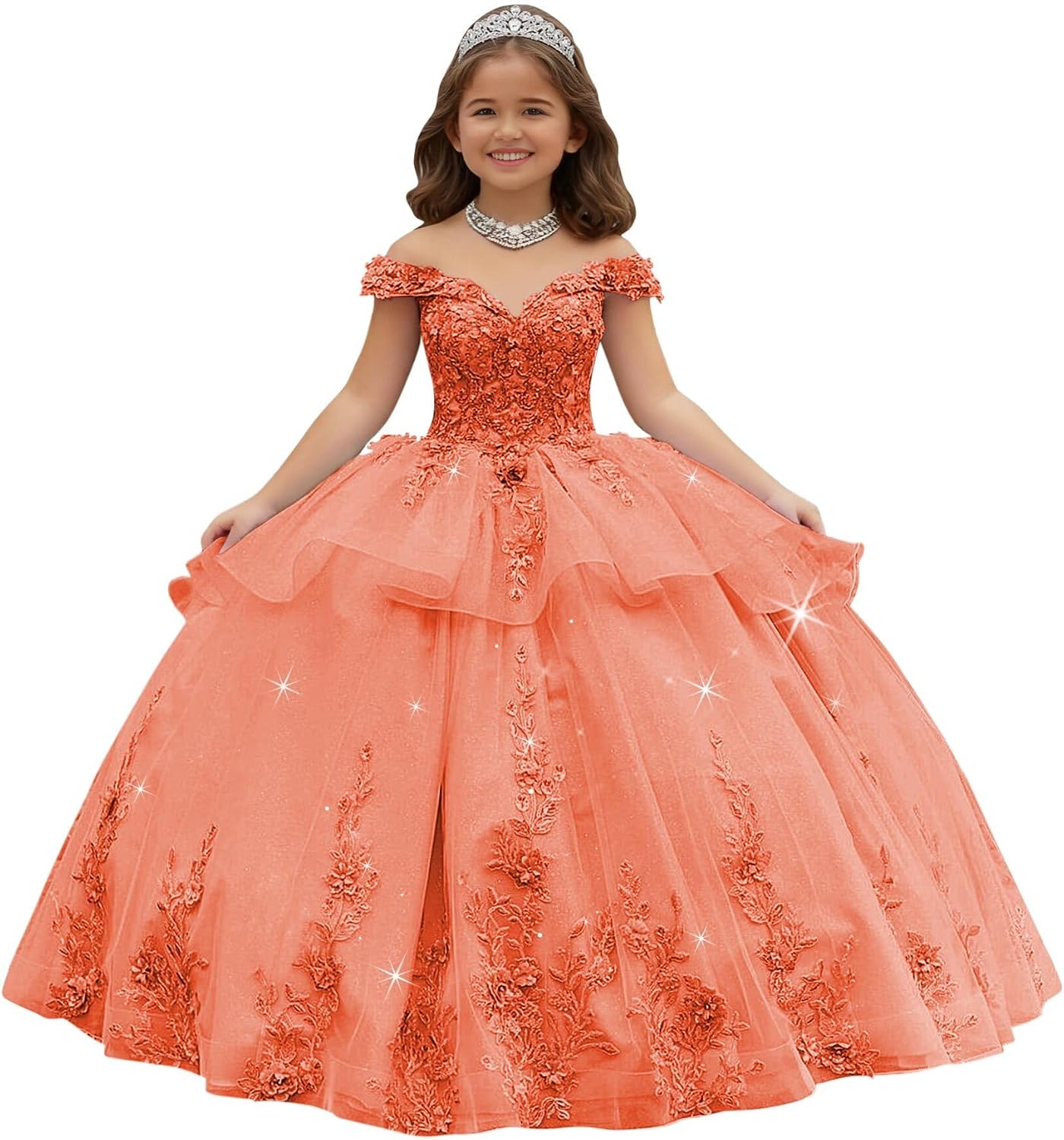 Crystal Lace Applique Flower Girl Dress Layered 3D Floral First Communion Dresses Off Shoulder Girls Pageant Dresses
