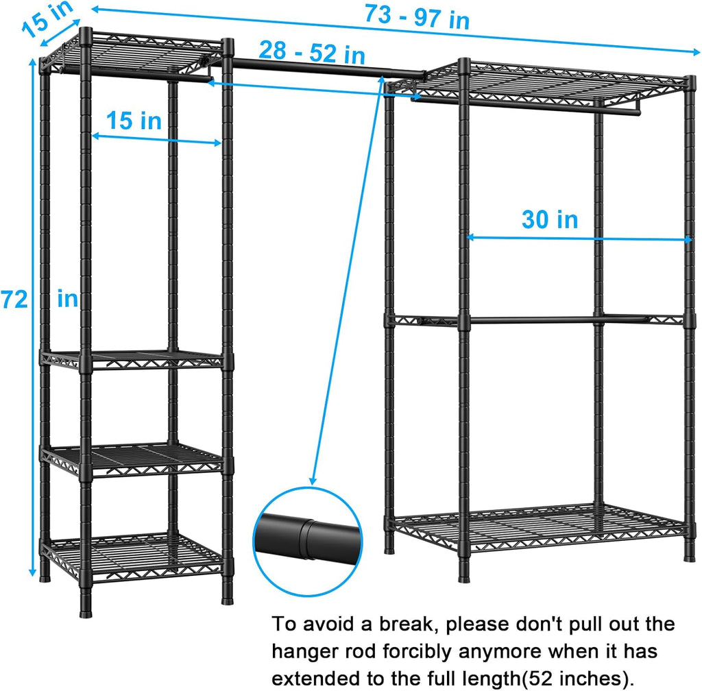 Ulif E10 Clothes Rack（With Stretchable Hanger Rod）Freestanding Clothing Racks for Hanging Clothes，Adjustable Closet Organizer System，Portable Garment Rack 73-97'W x 15' D x 72' H，Max Load 800LBS，Black