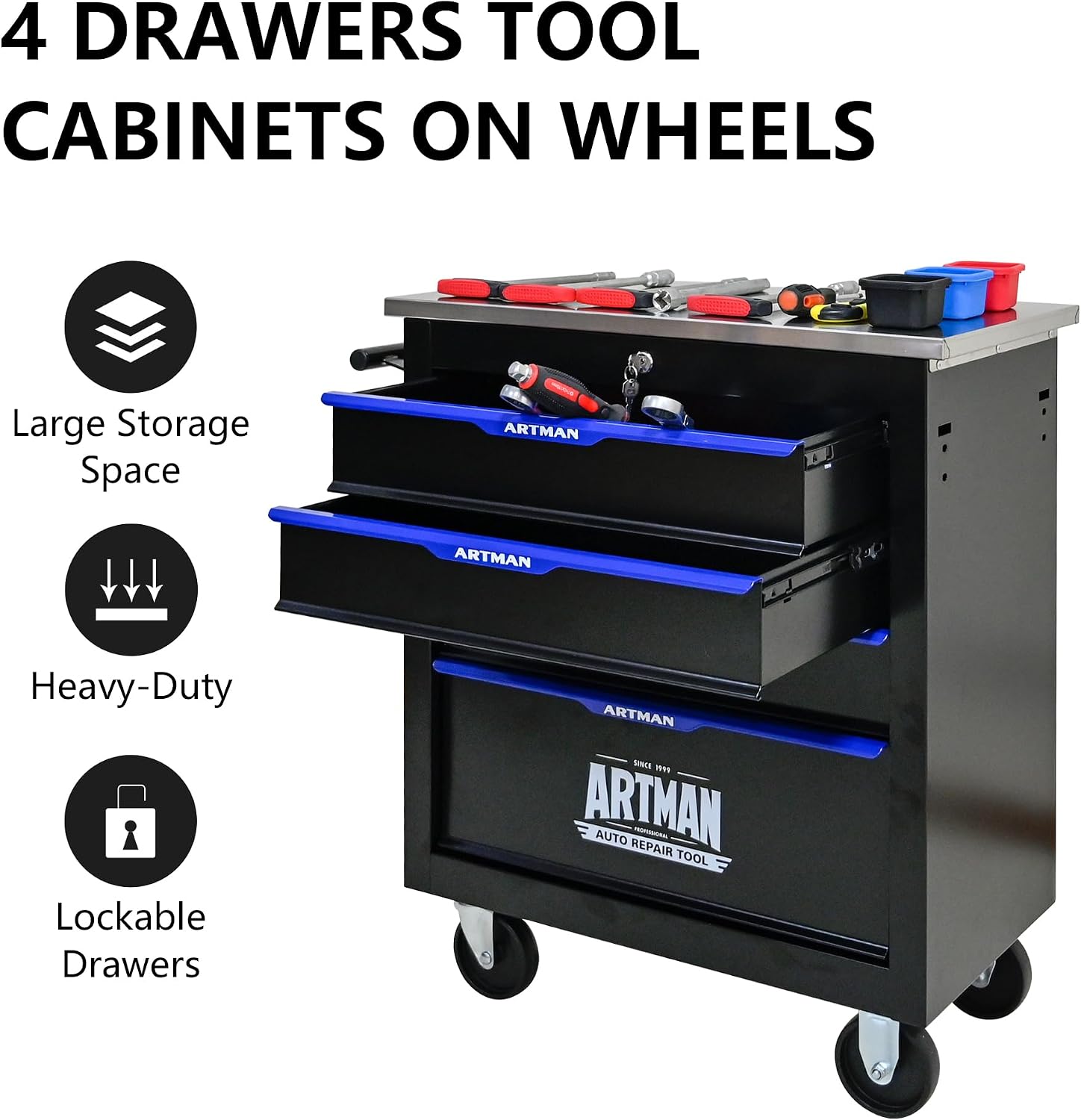 4-Drawer Tool Chest with Wheels, Combinable Rolling Tool Cart, Rolling Tool Box，Storage Organizer Cabinet for Garage,Warehouse, Repair Shop, Workshop