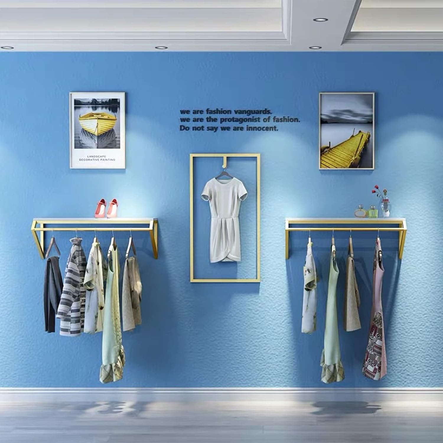 Modern Simple Men's and Women's Clothing Store Heavy Duty Metal Display Shelf,Wall-Mounted Garment Rack with Wood,Clothes Rail,Bathroom Hanging Towel Rack (Gold Square Tube, B-47.2' L)