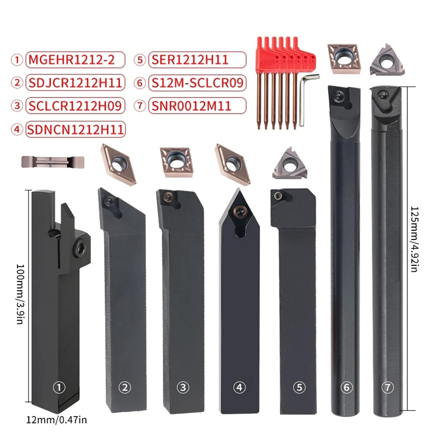 10/12/16MM Turning Tool Sets MGEHR SDJCR SDNCN SCLCR SER SNR Lathe Boring Bar with 7PCS Carbide Insert CNC Cutting Holder(12MM Set 2)
