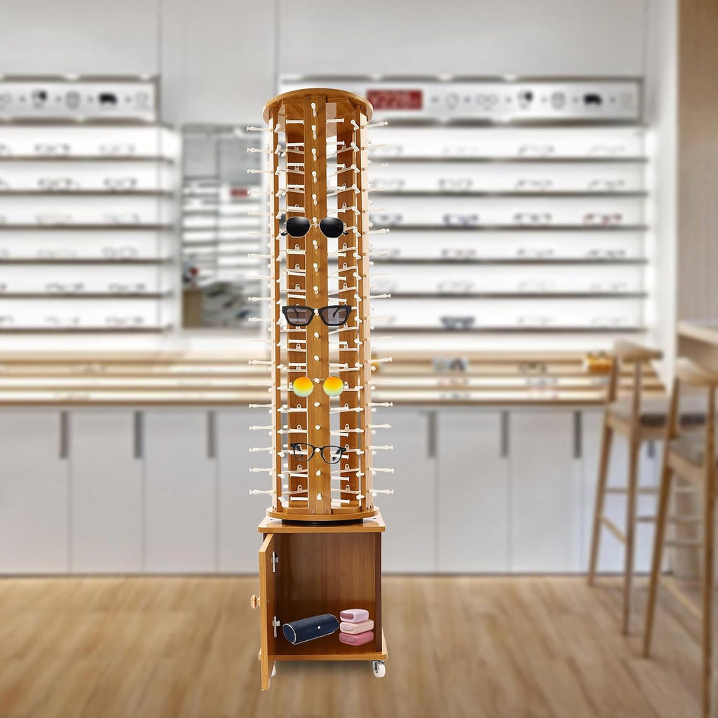 90 Pairs Sunglasses Rack Floor Standing Rotating Glasses Display Stand 5-Sided Wood Eyeglasses Holder with Wheels and Storage Cabinet Mobile Commercial Eyewear Organizer (Light Brown)