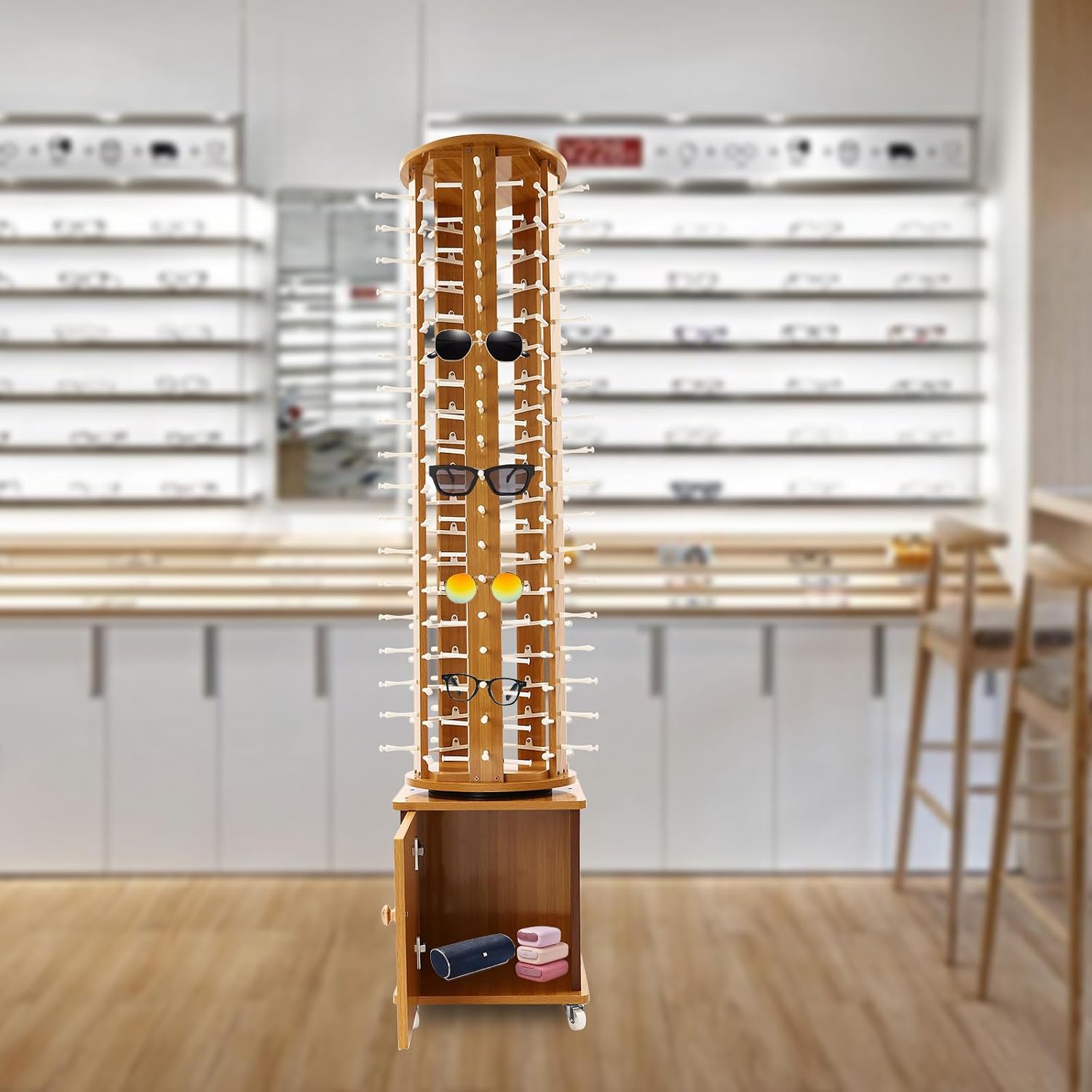 108 Pairs Wood Sunglass Display Rack with 4 Swivel Wheels, Floor-Standing Eyewear Storage Organizer, Commercial Hanging Rack,Light Brown