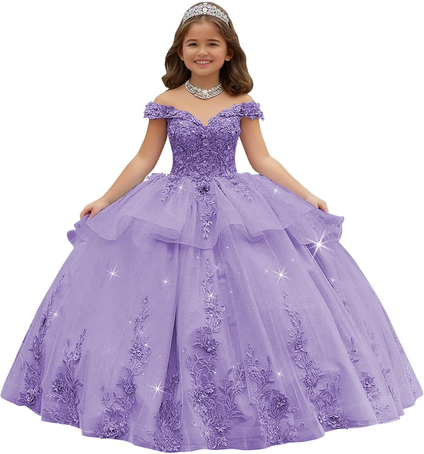 Crystal Lace Applique Flower Girl Dress Layered 3D Floral First Communion Dresses Off Shoulder Girls Pageant Dresses