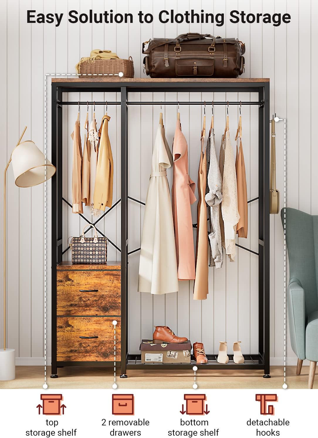 Lulive Clothes Rack with 2 Rods, Shelves, Drawers & Hooks, Garment Rack | Clothes rack with 2 hanging rods (50lbs each), 2 shelves, 2 fabric drawers & 4 hooks. 300lb total capacity. Fits small spaces