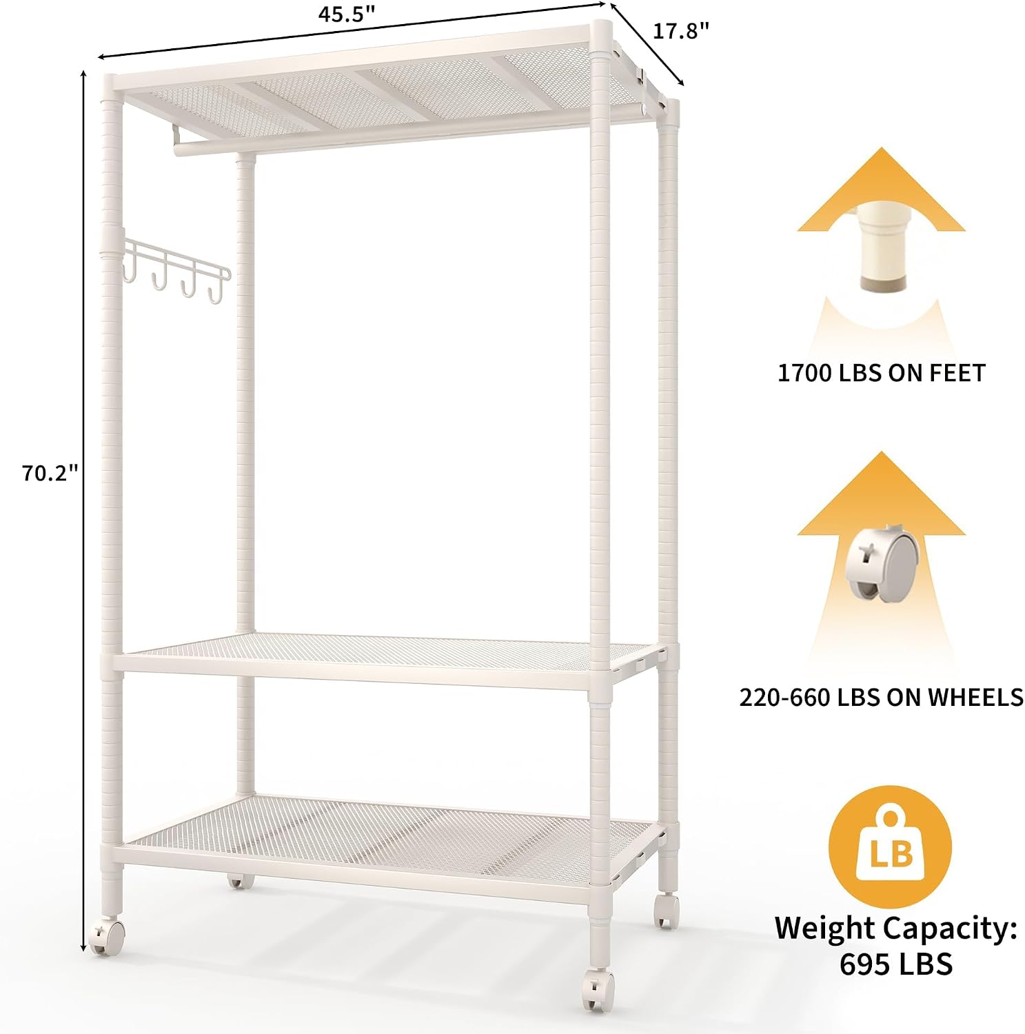 Heavy Duty Rolling Clothes Rack with Wheels, Clothing Racks with Adjustable Shelves & Side Hooks for Hanging Clothes, Freestanding Storage Closet Clothing Rack for Bedroom Laundry Room, Beige