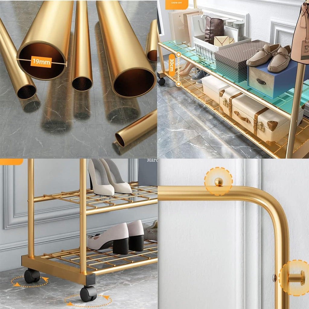Clothing Rack Rolling Clothes Rack on Wheels Double Rods Garment Rack with 2-Tier Shelves Can Storage Clothes Shoes Baskets Boots and Bags Umbrellas/Gold/120Cm (Gold 120Cm)
