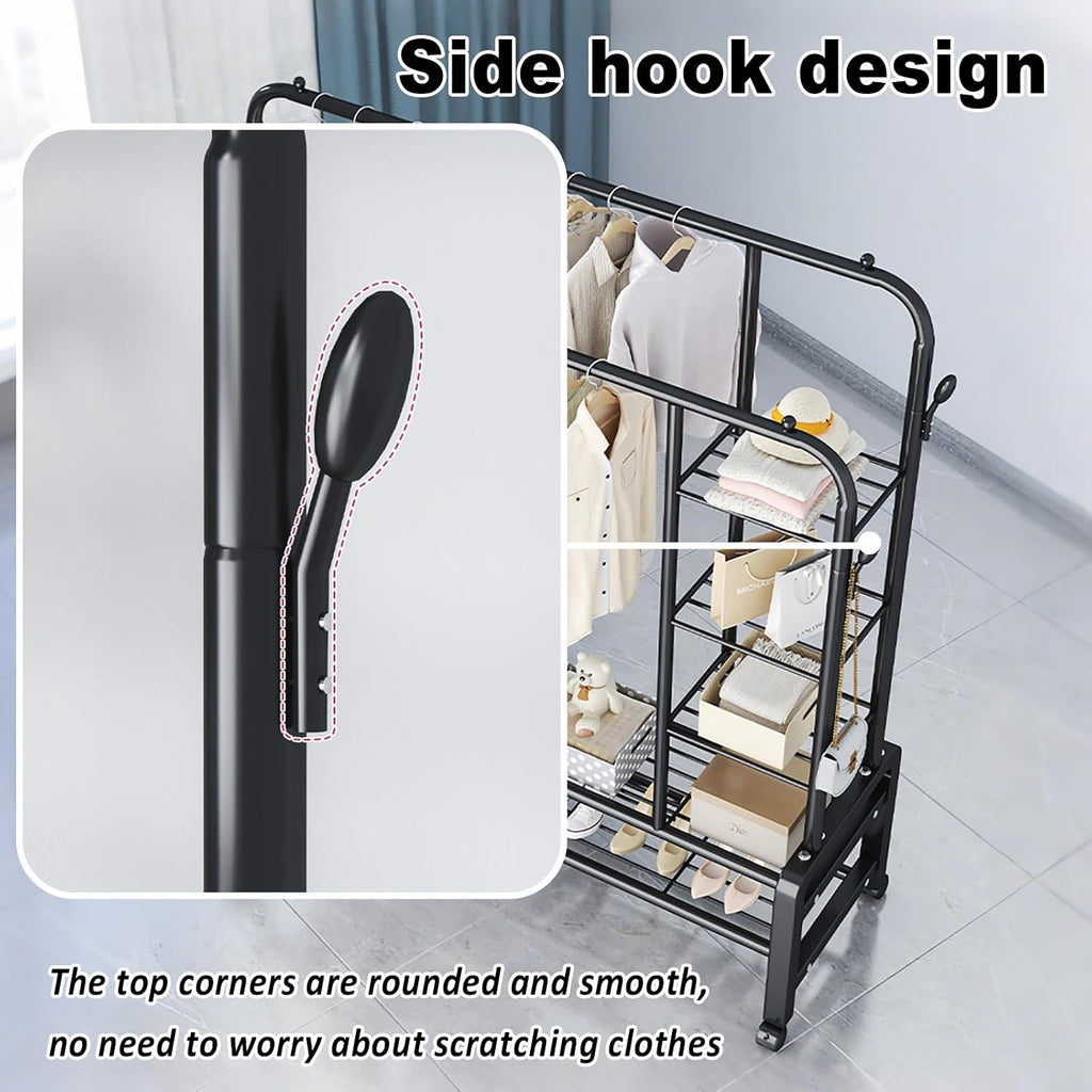Rolling Garment Rack With Wheels, Double Rods Clothing Rack, Standing Metal Clothes Racks With Shelves, Portable Wardrobe Sturdy Racks For Bedroom Entryway(White,150cm/59in)