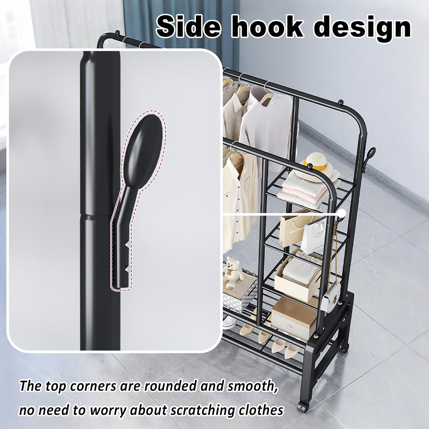 Rolling Garment Rack With Wheels, Double Rods Clothing Rack, Standing Metal Clothes Racks With Shelves, Portable Wardrobe Sturdy Racks For Bedroom Entryway(White,130cm/51.2in)