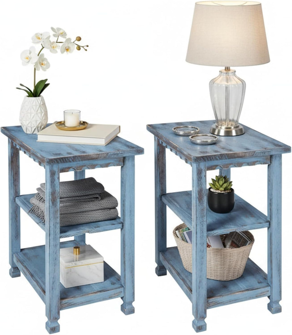 Alaterre Furniture Country Cottage Rustic Farmhouse Nightstand Set of 2-15in Narrow Side Table Set with Storage Shelves - Solid Wood Rustic Nightstands for Living Room or Bedroom (Antique Blue)