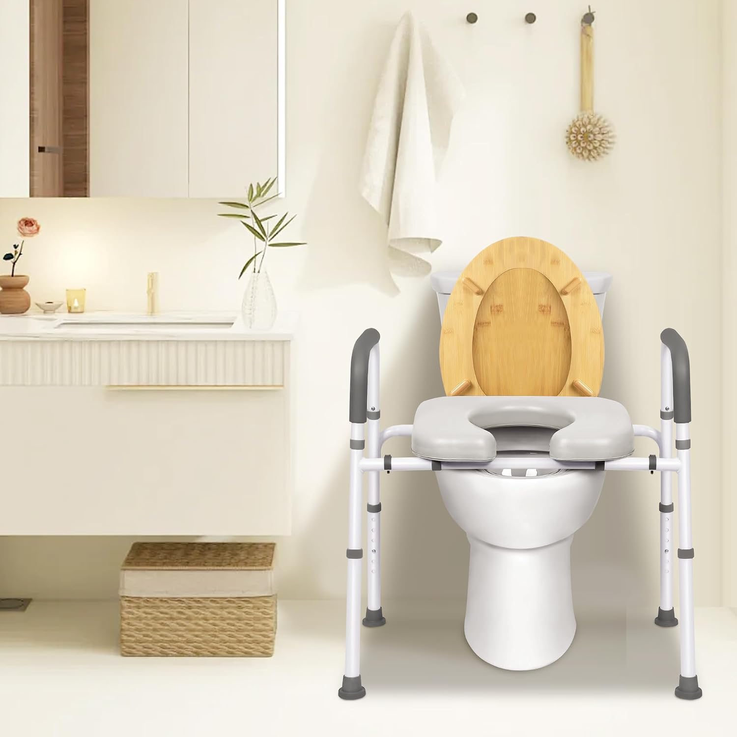 Raised Toilet Seat with Handles, Adjustable Width & Height Commode Chair for Toilet with Arms, 400 lbs Toilet Seat Risers for Seniors, Disabled and Pregnant, Fit Any Toliet