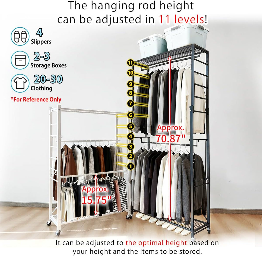 lumizone Folding Clothing Rack with Wheels Expandable Wardrobe Portable Clothes Rack for Hanging Clothes Adjustable Closet Shelves Garment Rack Durable Closet Racks for Hanging Clothes (Pro White)