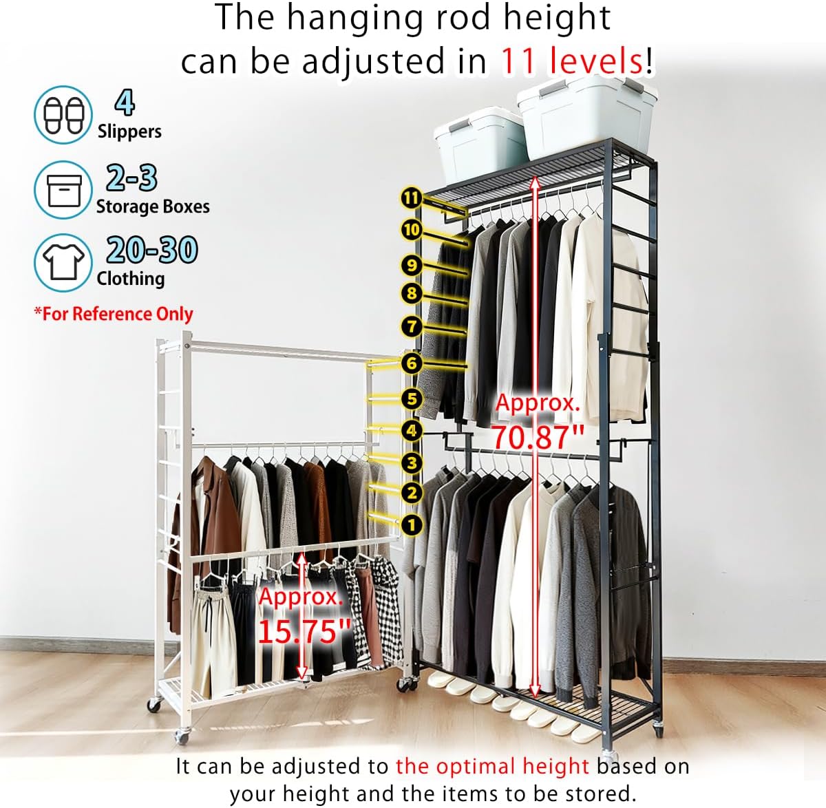 lumizone Folding Clothing Rack with Wheels Expandable Wardrobe Portable Clothes Rack for Hanging Clothes Adjustable Closet Shelves Garment Rack Durable Closet Racks for Hanging Clothes (Pro White)