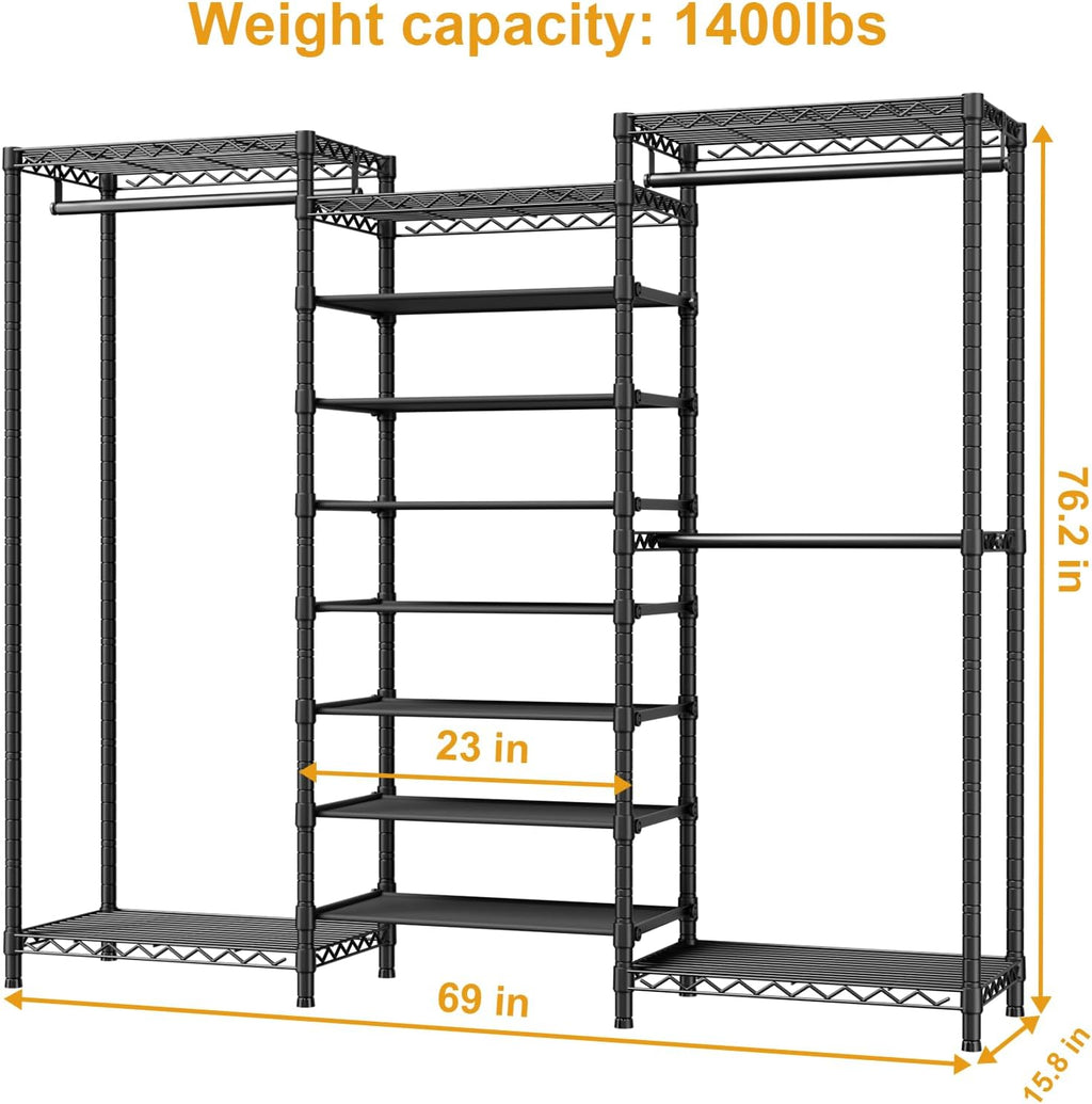 ULIFHOME E16 Heavy Duty Clothing Rack（with 7-Tier Adjustable Shoe Rack） Freestanding Clothes Rack for Hanging Clothes，Metal Closet Storage Organizer Large Wardrobe，69'' W x 15.8'' D x 76.2'' H，Black