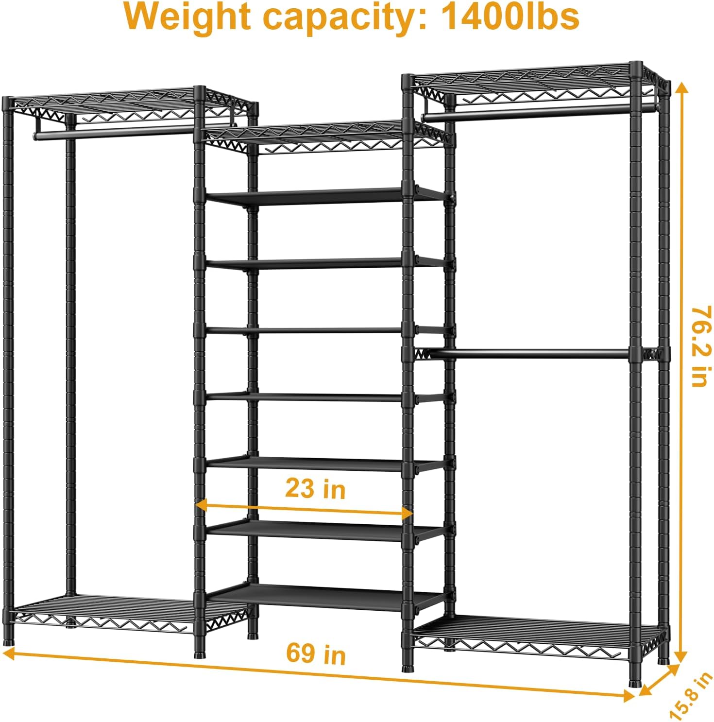 ULIFHOME E16 Heavy Duty Clothing Rack（with 7-Tier Adjustable Shoe Rack） Freestanding Clothes Rack for Hanging Clothes，Metal Closet Storage Organizer Large Wardrobe，69'' W x 15.8'' D x 76.2'' H，Black