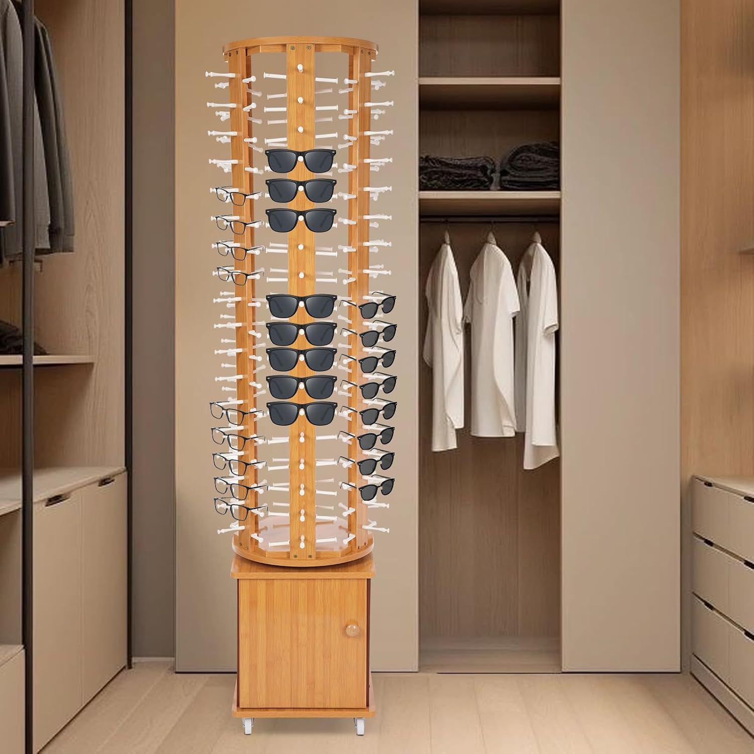108 Pairs Glasses Sunglasses Display Stand, 360° Rotating Glasses Storage Display Rack with Cabinet, Floor Sunglasses Display Rack with Wheels, 66.14in Height with Wheels (Wood Color)