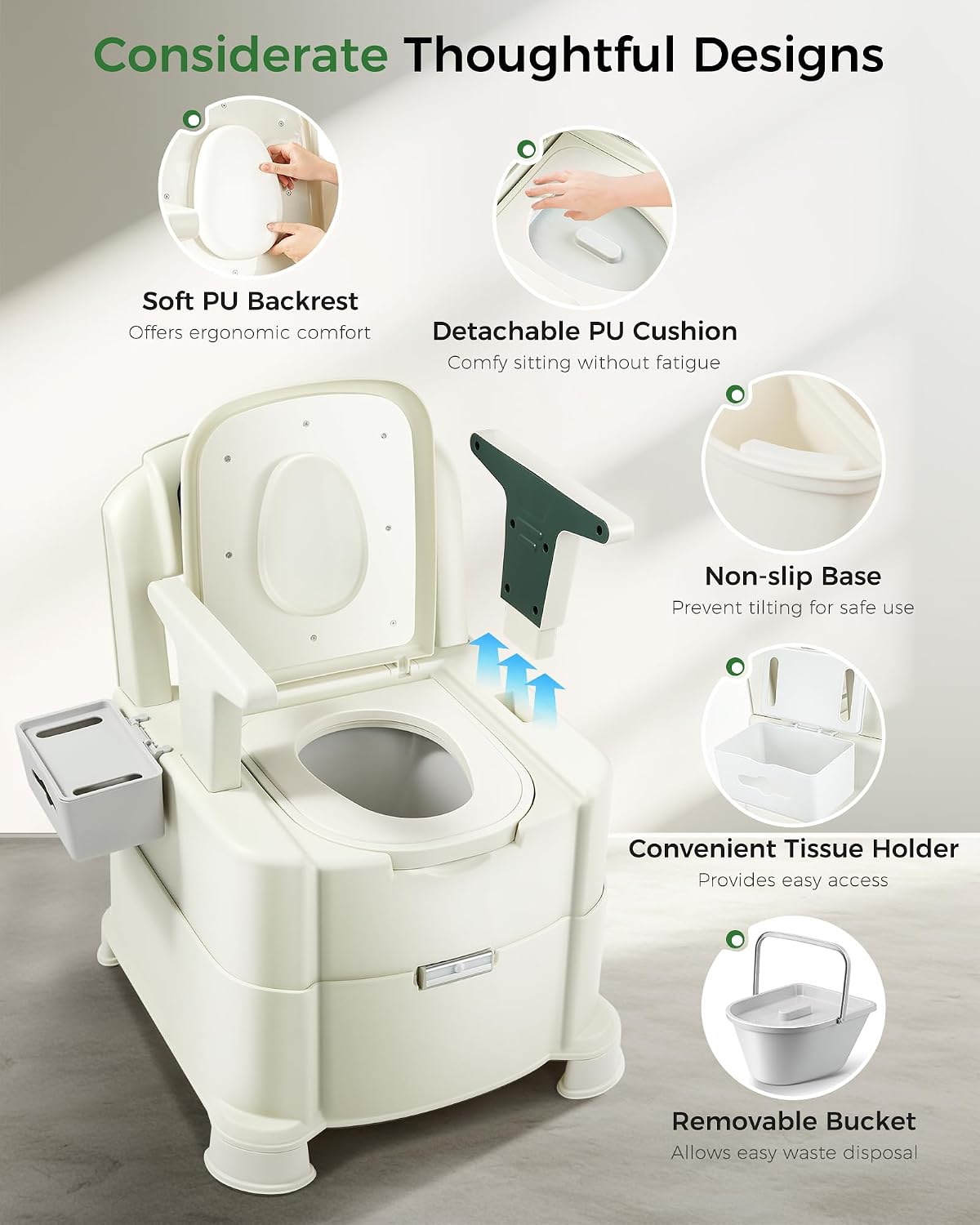 Bedside Commode, 500lbs Heavy Duty & Upgraded Commode Toilet Potty Chair, Portable Camping Toilet, Detachable Armrests, Automatic LED Light, 2-Level Height, 3 Rolls of Commode Liners 【Green】