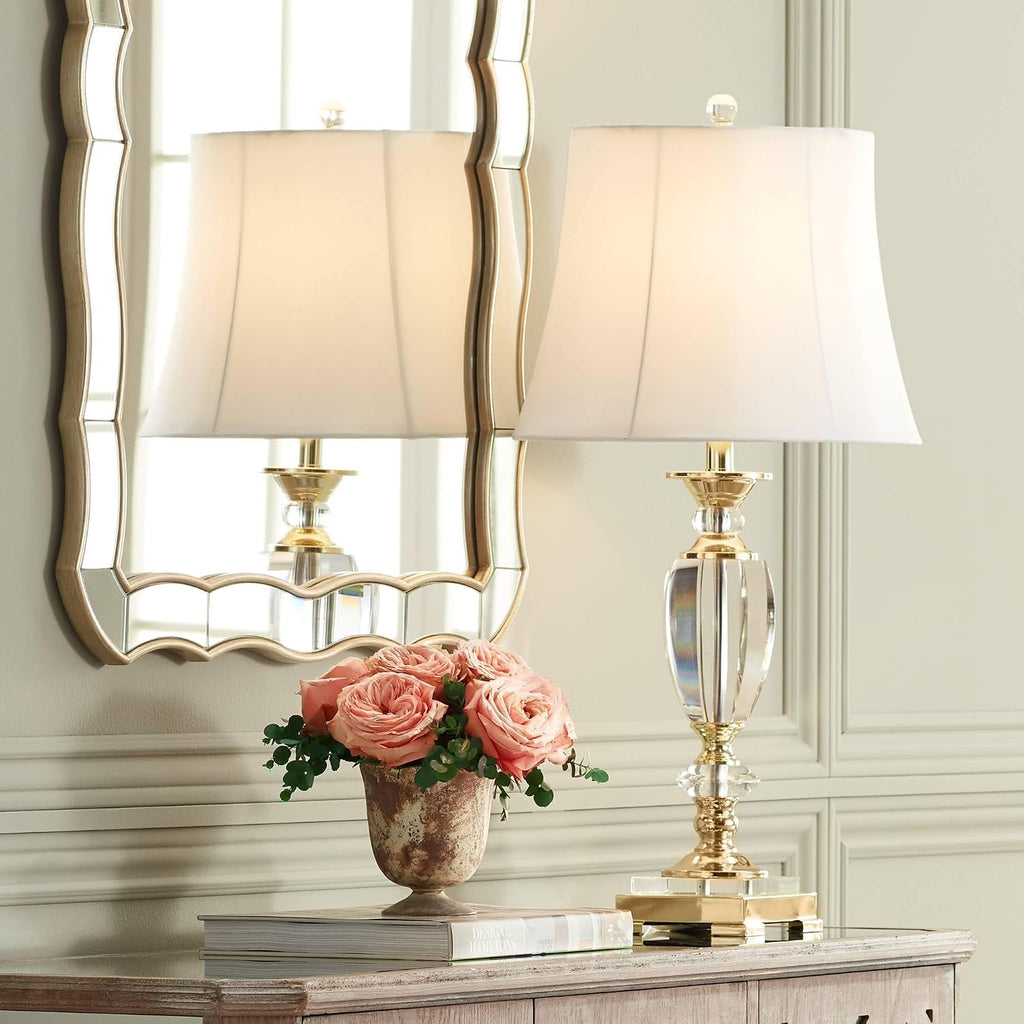 Vienna Full Spectrum Traditional Table Lamps 28 3/4' Tall Set of 2 Brass Clear Faceted Crystal White Fabric Bell Shade Decor for Living Room Bedroom House Bedside Nightstand Home Office Family