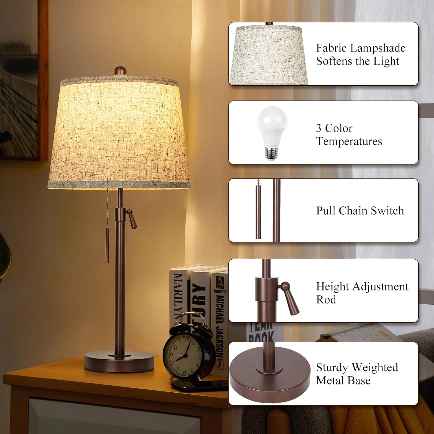 3 Piece Lamp Sets for Living Room Floor Lamp and Table Lamps Set of 3 Tall Standing Lamp Adjustable Height 3 Color Temperature Modern Brown Lamp for Bedroom Nightstand Bedside EndTable(Bulbs Included)