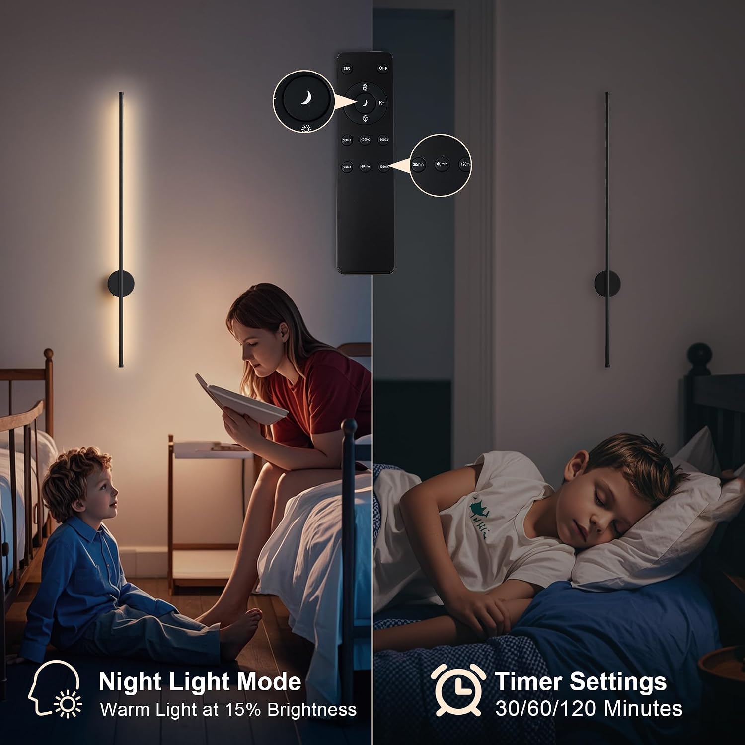 Battery Operated Modern Wall Sconces, Dimmable Wireless Wall Light Set of Two with Remote Control, 3 Color Temperatures, Rechargeable LED Wall Sconce for Bedroom, Living Room, Hallway, 39.3 Inch Black