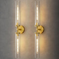 Knurled Brass Tube Wall Sconce - Set of 2 Luxury Modern Dimmable Sconces with Bulbs - Gold Glass Vanity Light Fixture - Vertical or Horizontal Mounted Indoor Lighting for Bathroom Bedroom Living Room